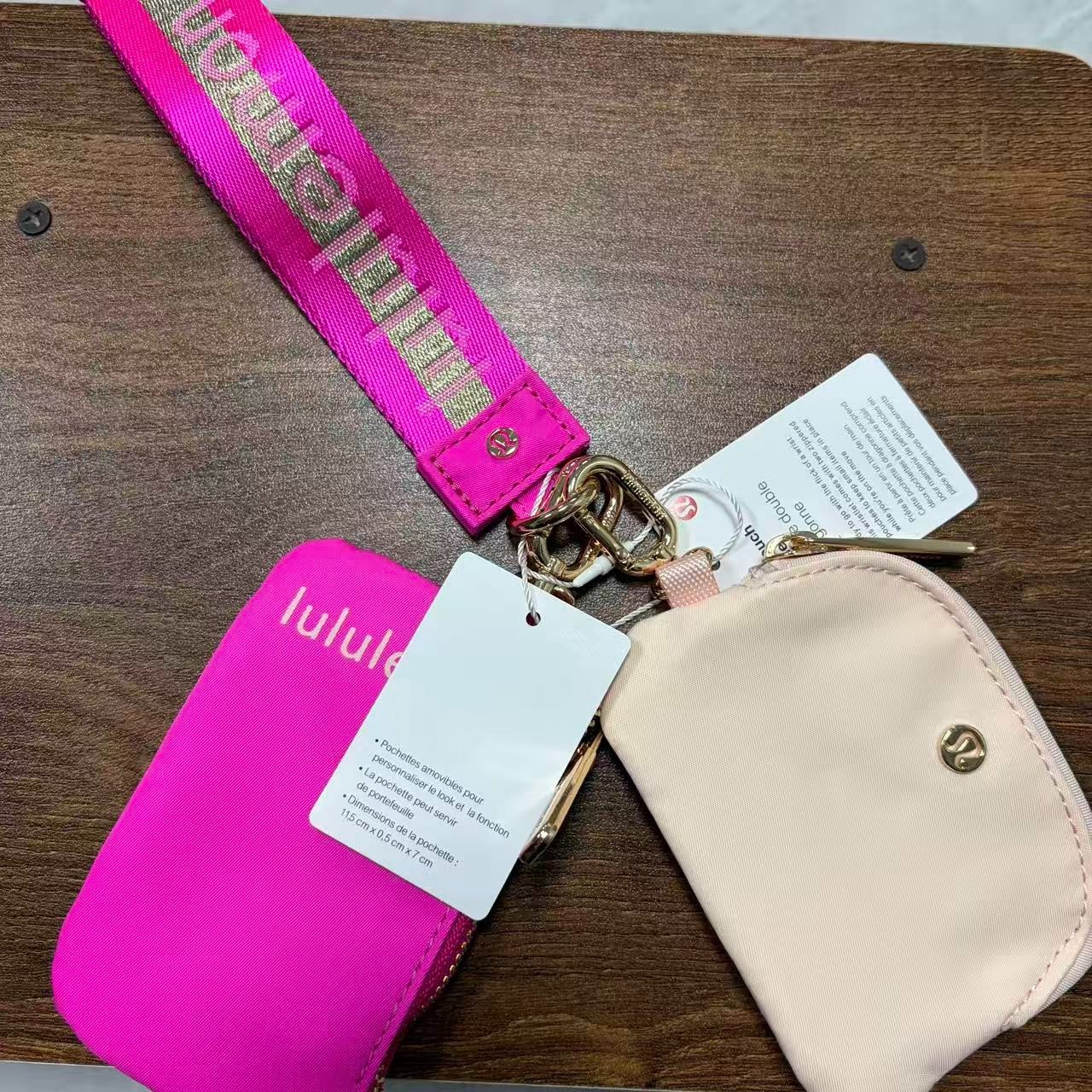 Lululemon Athletica Dual Pouch Wristlet Keychain Wallet Gold and rose red