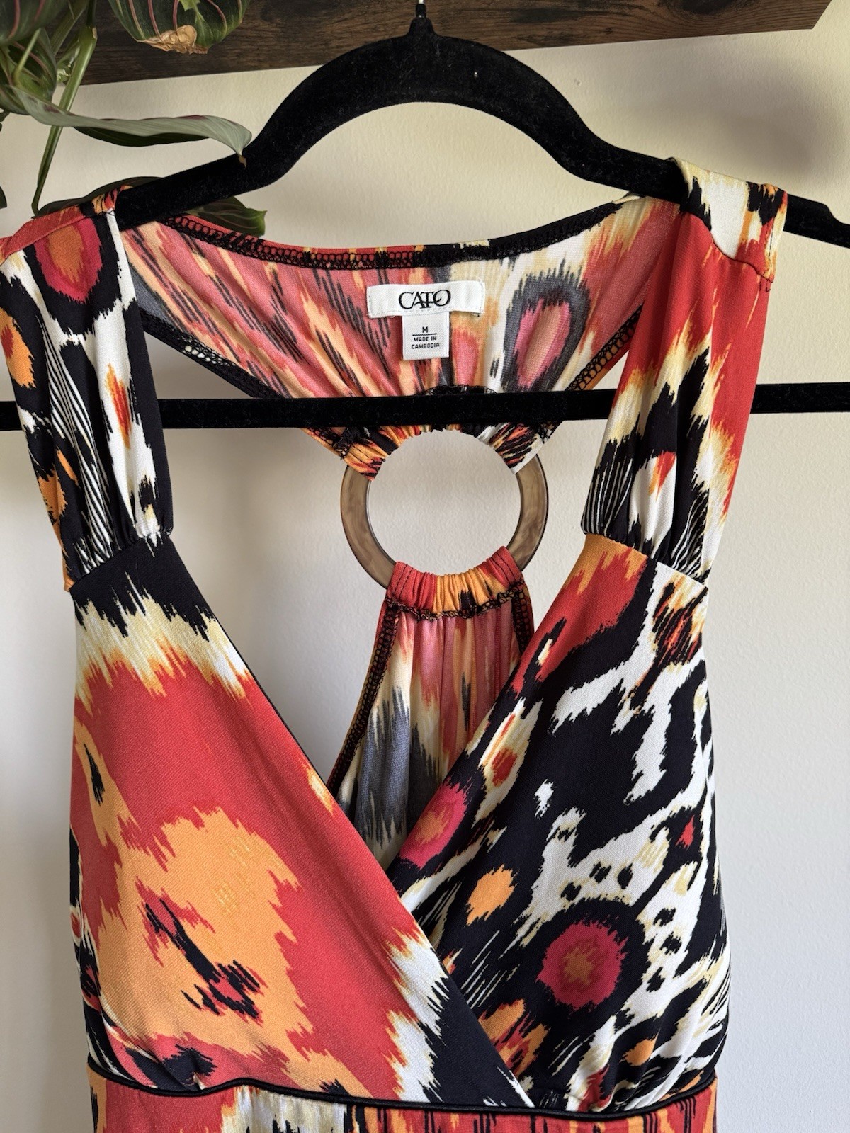 Cato Abstract Ikat Print Halter Dress Orange Yellow Black V-Neck O-Ring Back [M]