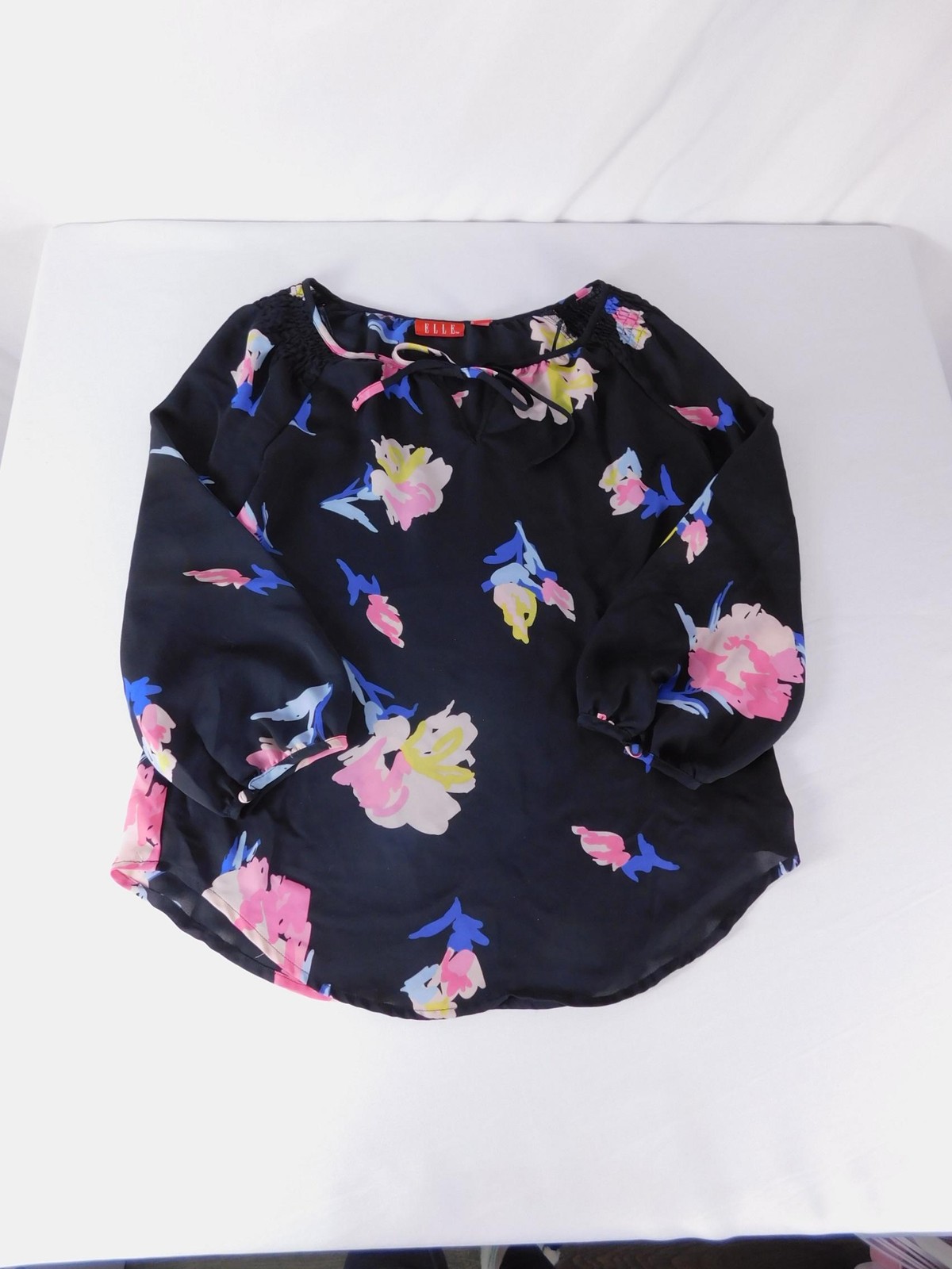 ELLE Blouse Womens S Black Floral Chiffon Scoop Neck Long Sleeve Pullover