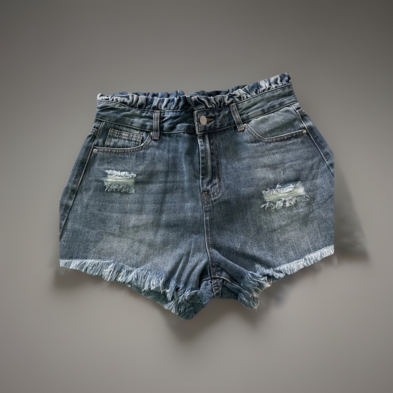 HAYDEN LOS ANGELES Denim Ripped High Waisted Paperbag Shorts Raw Hem NWT