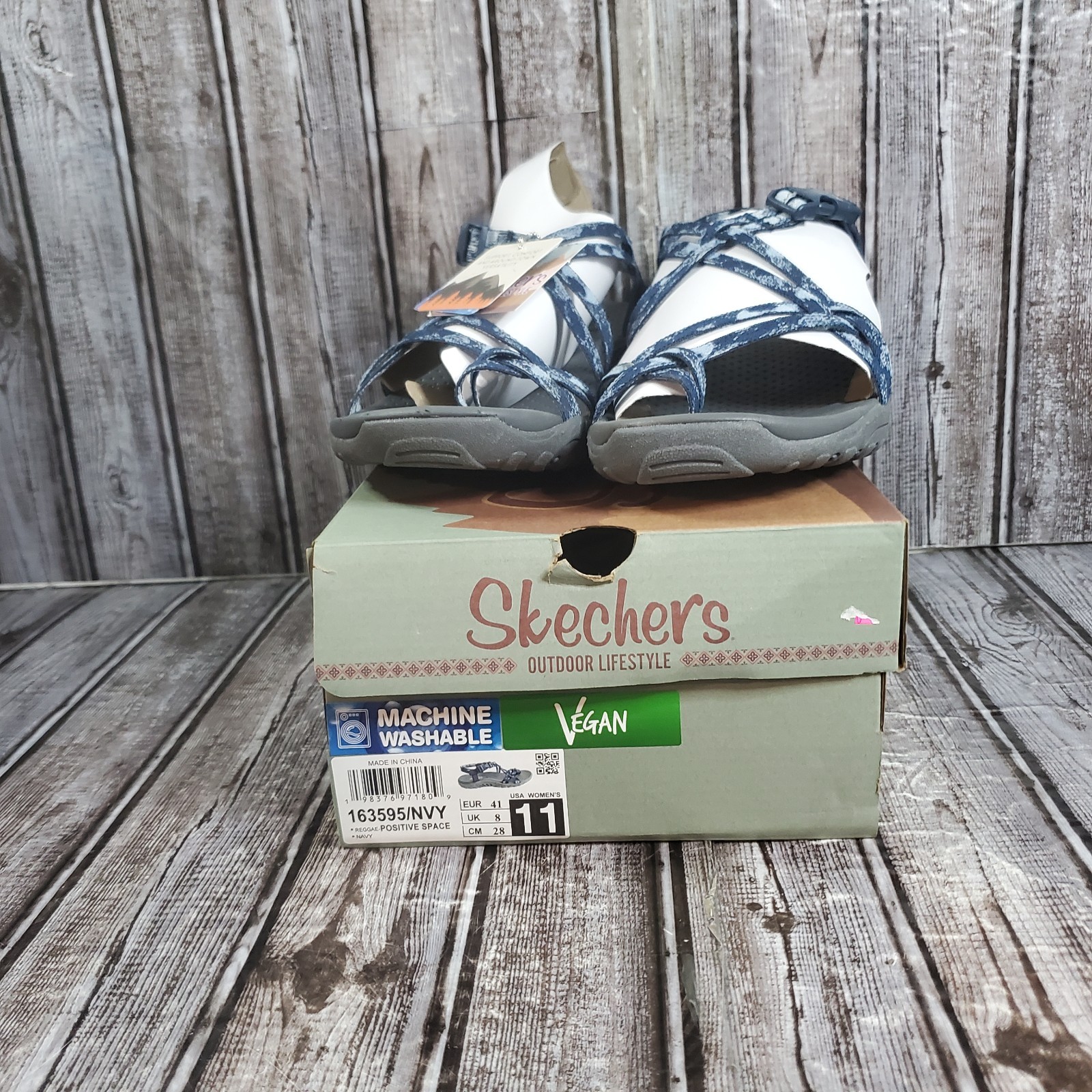 Skechers Women’s Reggae Positive Space Black Strappy Sandals 163595 Navy Size 11