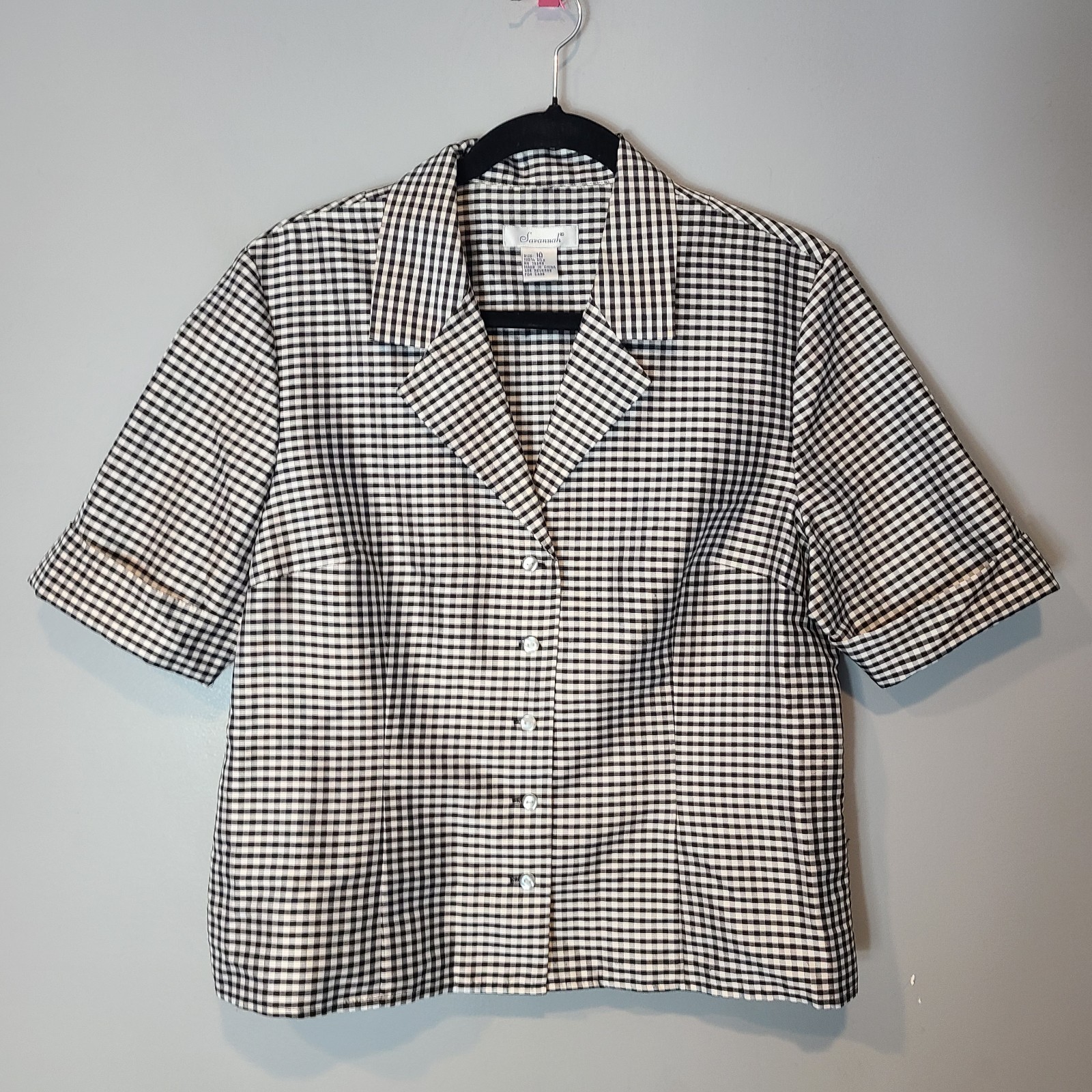Vtg Womens Silk Button Down Top Tailored Gingham Euro Summer Old Money Preppy 10