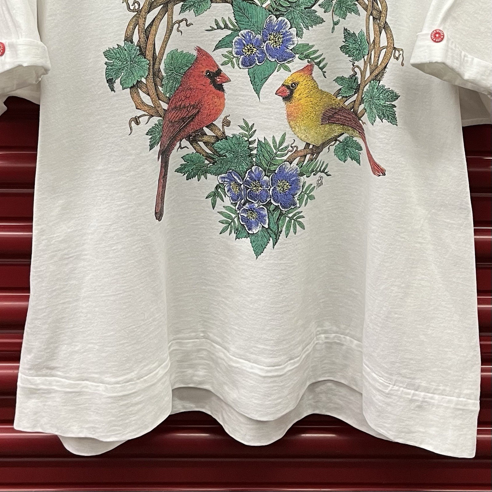 Vintage Cardinal Flower Bird Animal Nature Graphic Tee Shirt White Size XXL 2XL