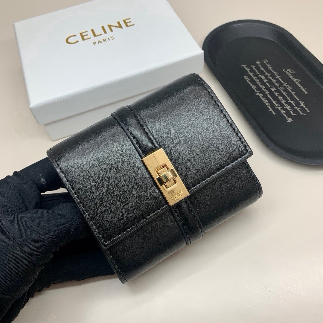 CELINE Black Wallet Gold Logo Hardware Zip Coin Pocket Credit Card Solid Women’s