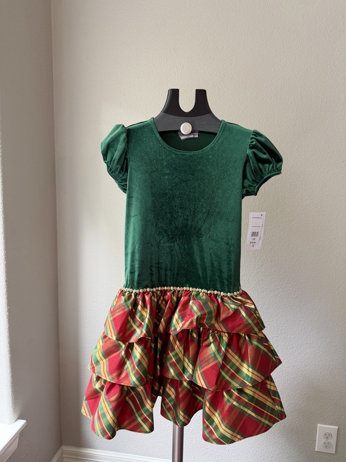 Bonnie Jean Girls Green Plaid Velvet Fit & Flare Puff Sleeve Dress 14
