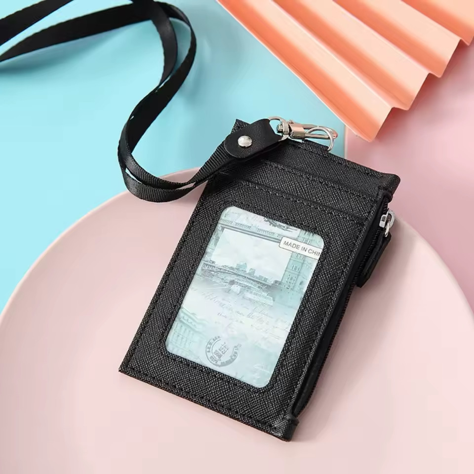PU Leather ID Badge Holder Wallet Card Holder Coin Purse Neck Lanyard