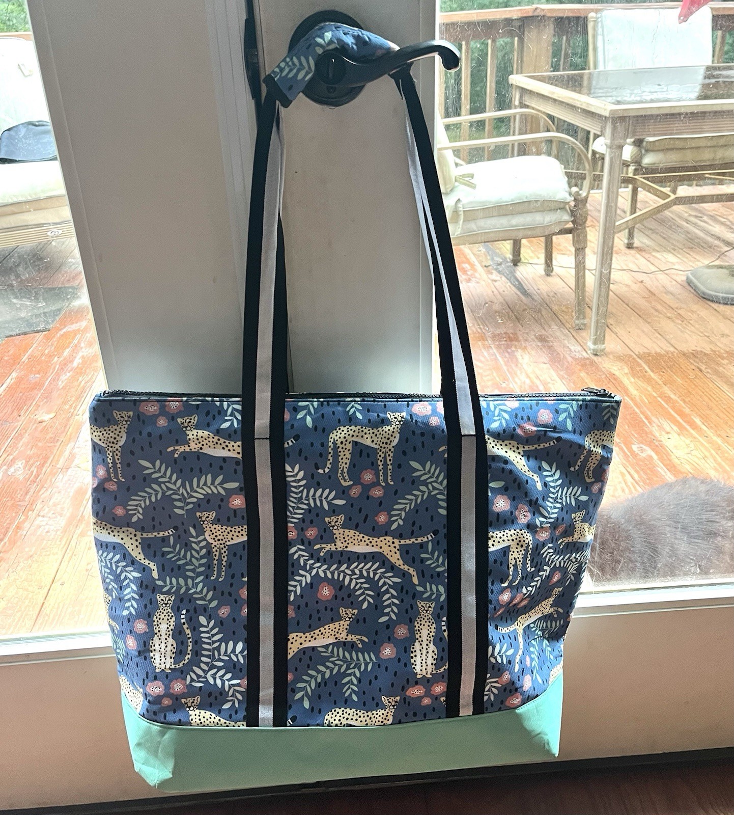 Marley Lilly Large Zip-Top Tote Blue Cheetah Print Green, Detachable Strap