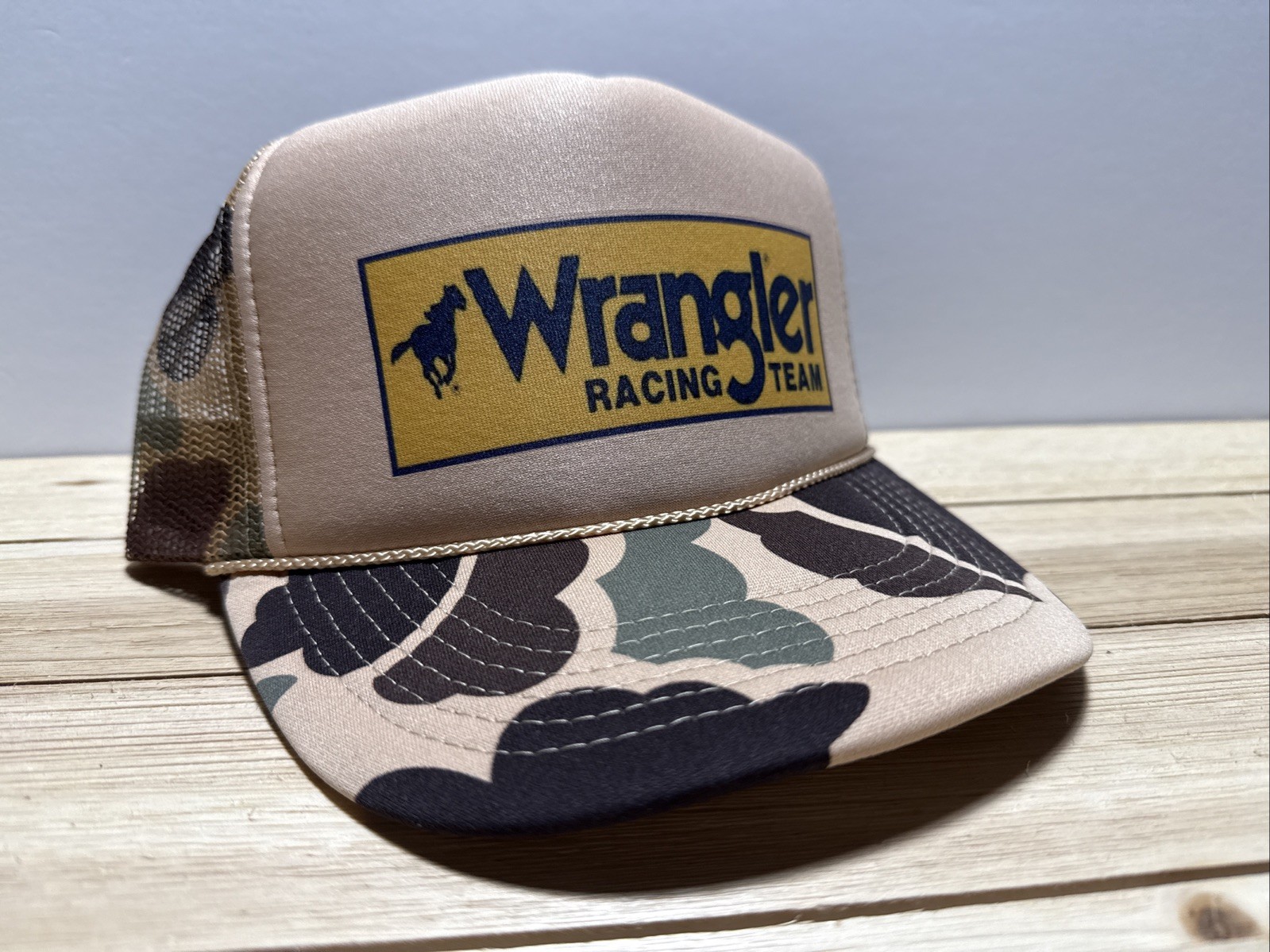 Vintage Wrangler Racing Team Hat Trucker Hat Camo SnapBack Hunting hat Unworn