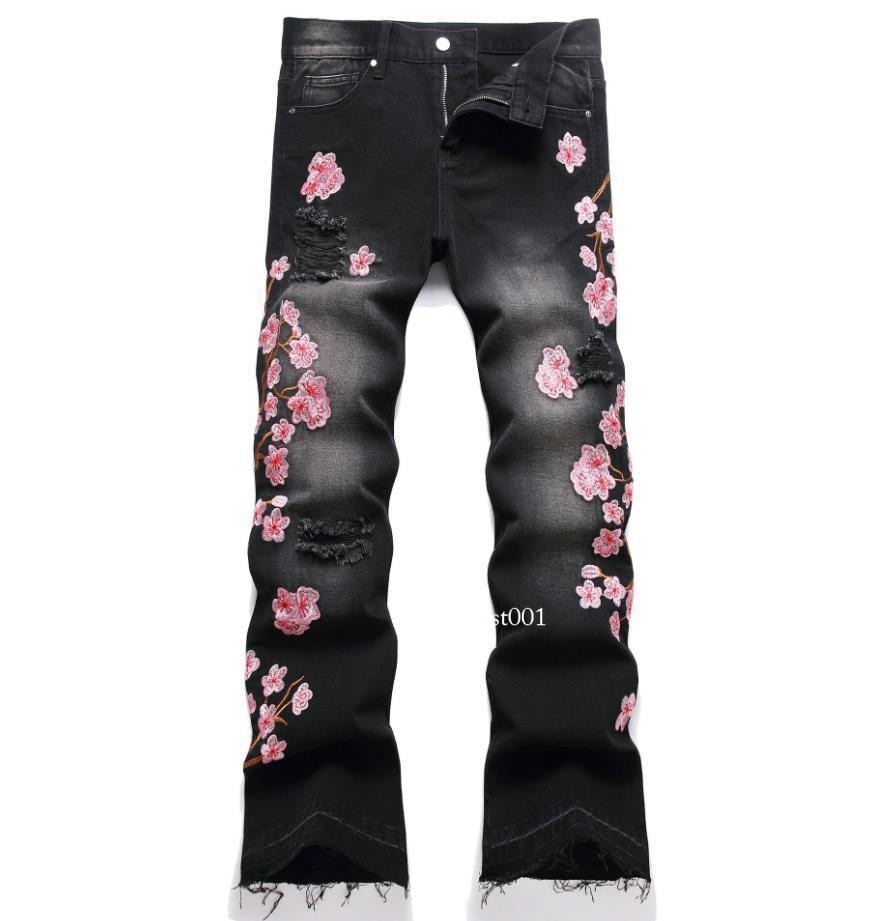 Men’s Black Denim Jeans Straight Leg Casual Pants Floral Embroidery Punk Hip Hop