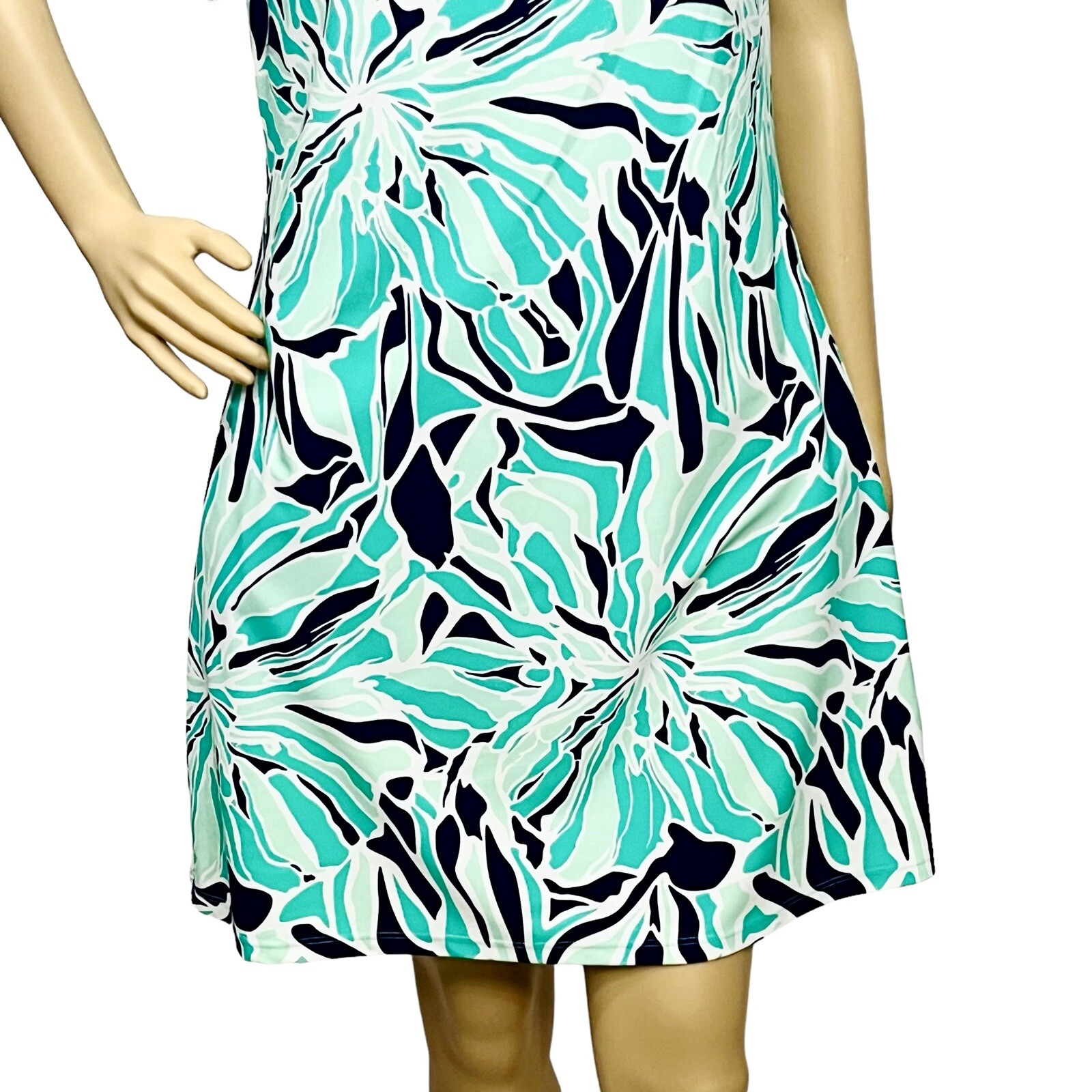 Britt Dress Resort Made USA Teal Abstract Print Pullover Shoulders Off Soft L