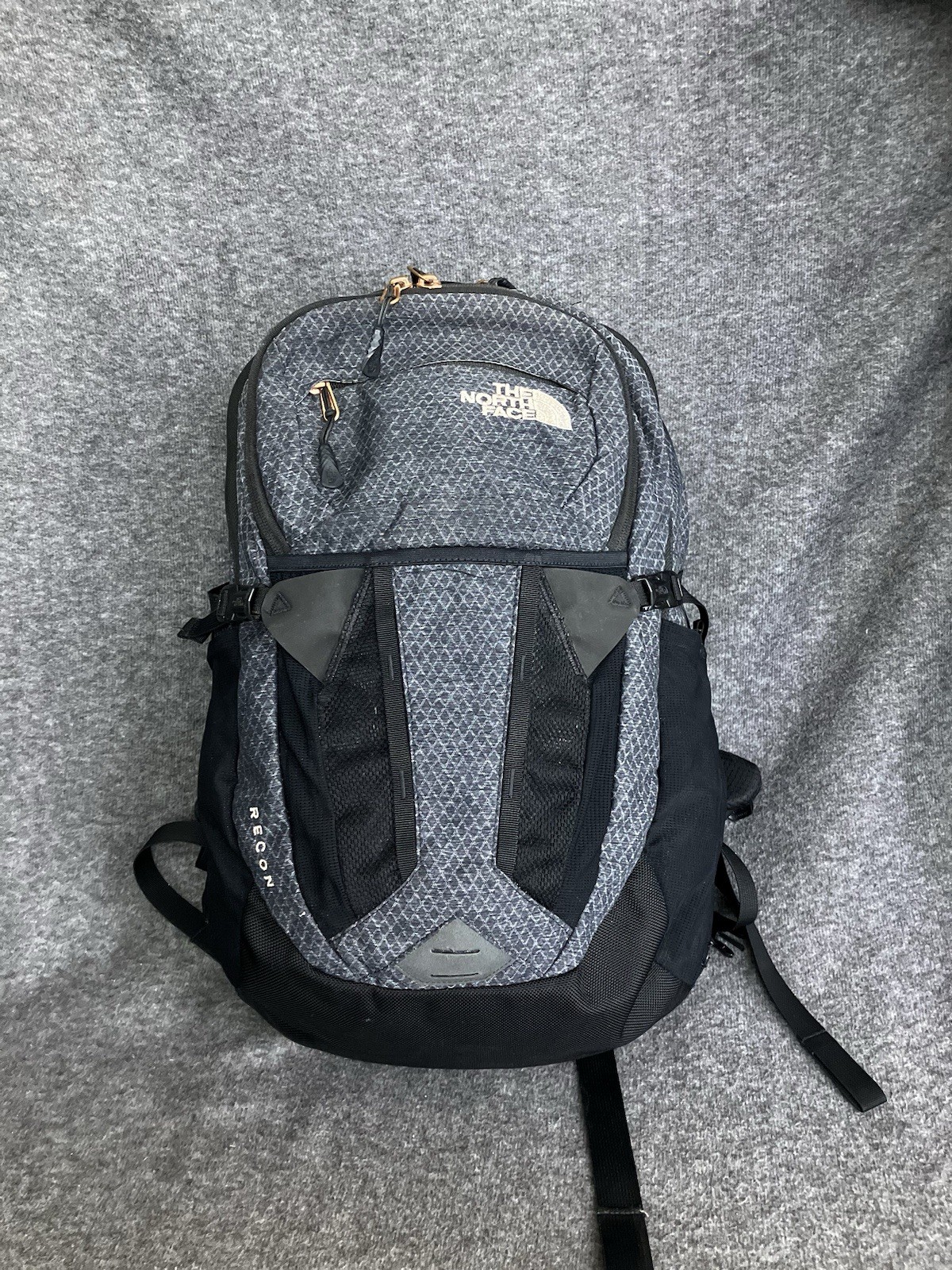 The North Face Recon Backpack Gray Diamond Print Rose Gold Zip Laptop ISSUES