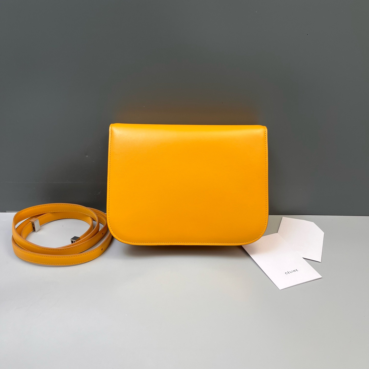Authentic Celine Classic Box Smooth Calfskin Shoulder Bag Yellow Silver-Tone