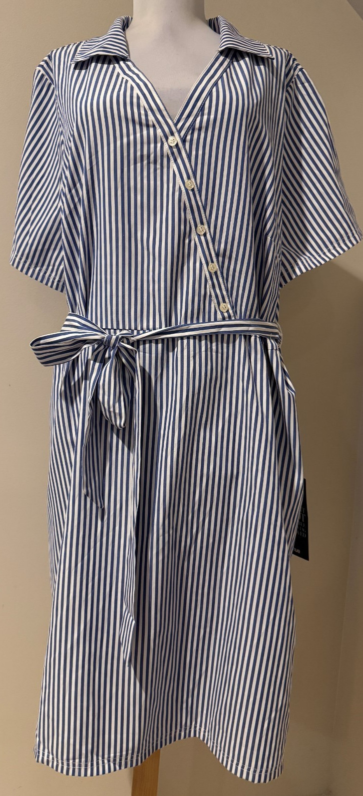 AVENUE Womens Blue & White Dress with Belt and Pockets NWT – Sz 18