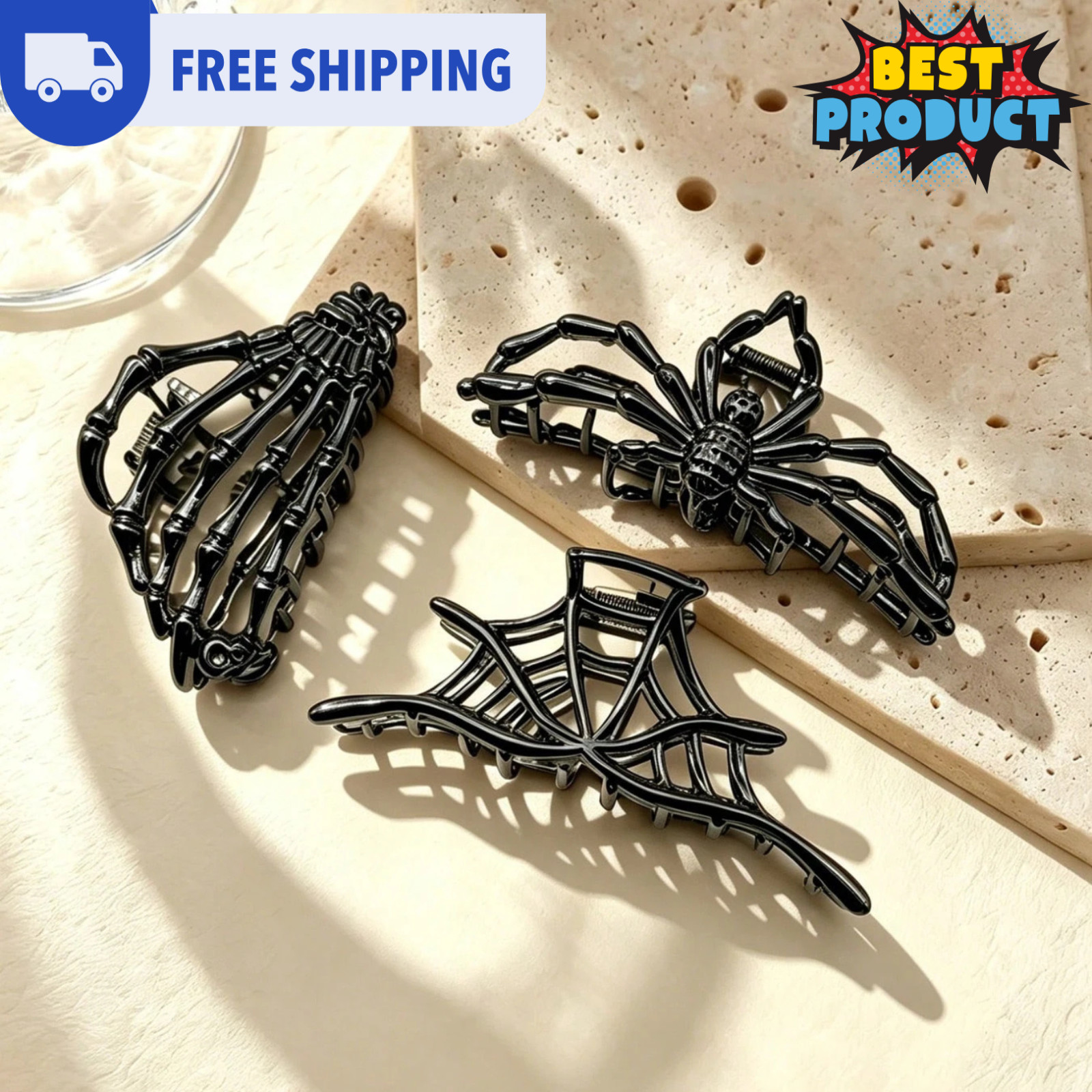 3pcs Metal Gothic Hair Clips Skeleton Hand Skull Spider Halloween Claw Clips US