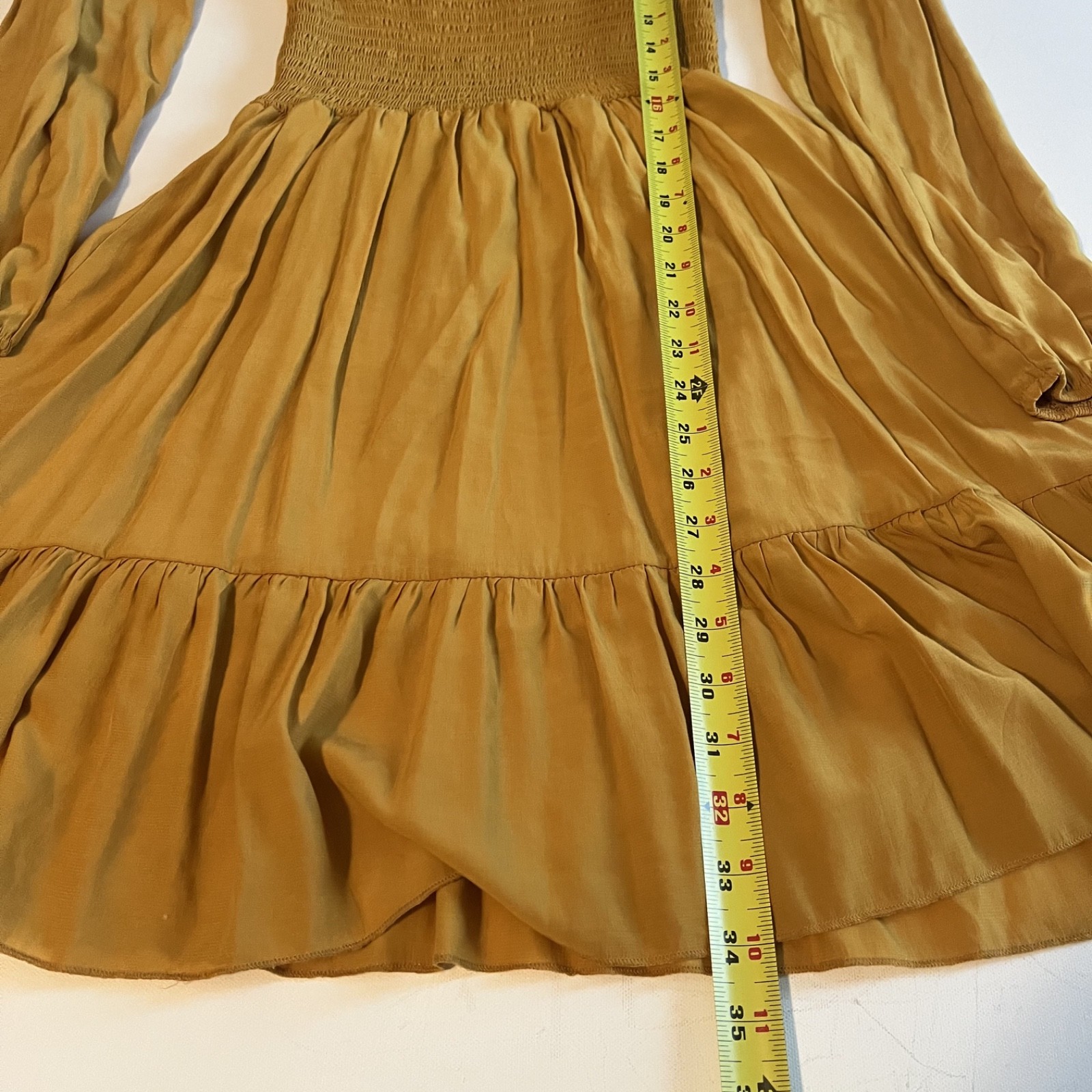 Hesperus Womens Square Neck Mustard Yellow Dress Long Sleeve Ruched Waist Med