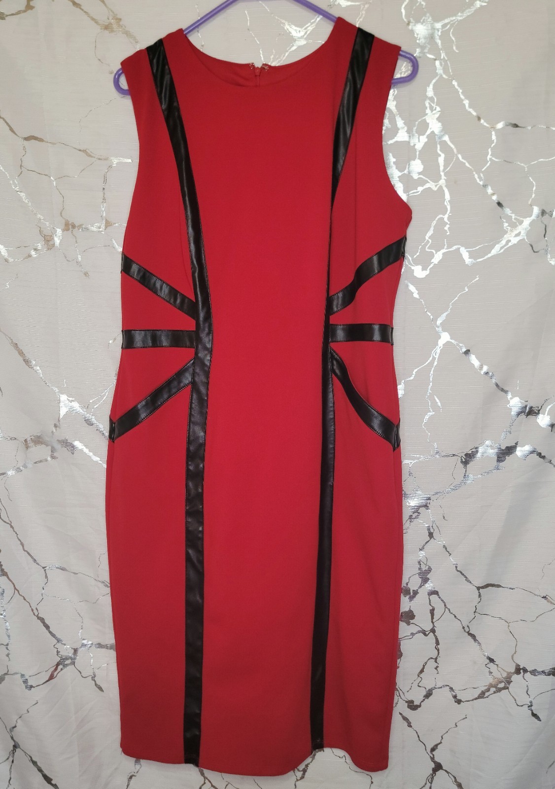 NY&C Red Bodycon Dress With Black Leather Trim And Pockets