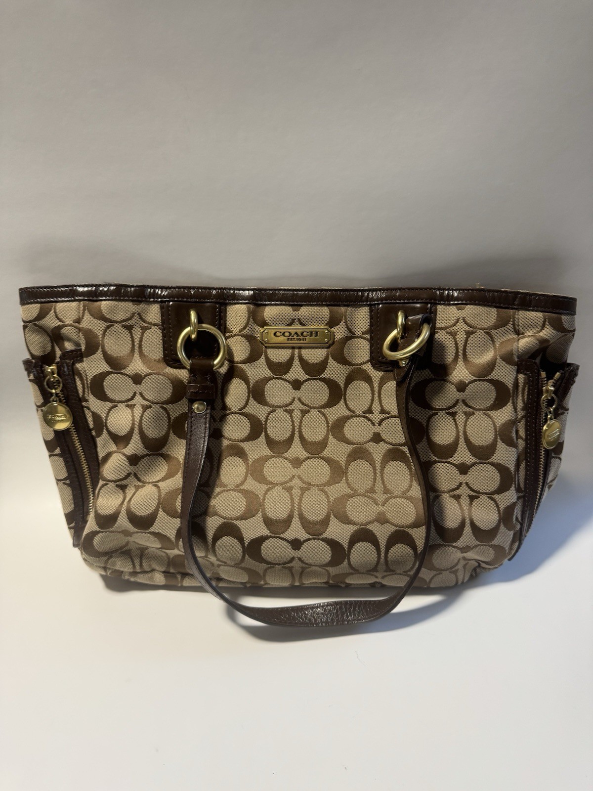 Vintage Coach Gallery Signature Zip Tote Khaki/Mahogany Y2K Medium F19249