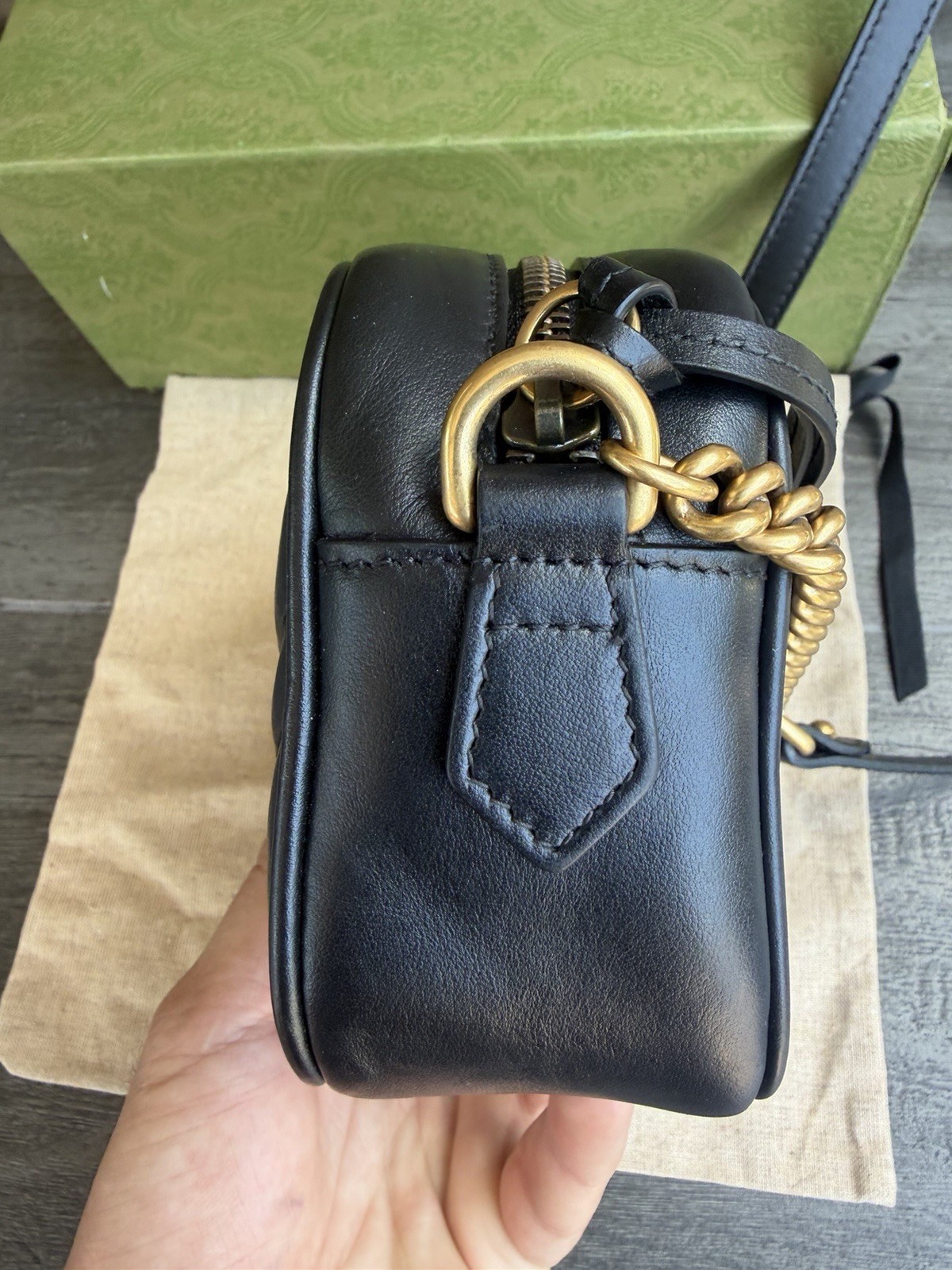 Gucci Calfskin Matelasse Mini GG Marmont Chain Shoulder Bag Black