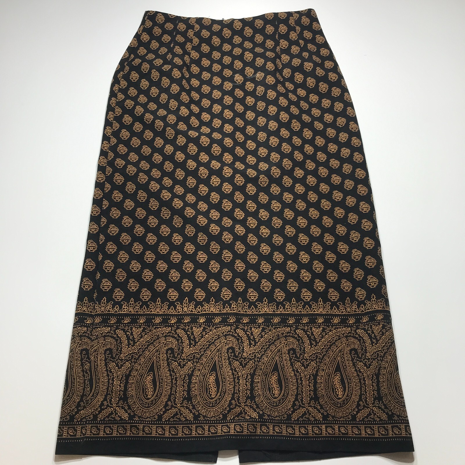 Briggs New York Skirt Size 10 Black Gold Paisley Pattern Long Modest Stretch