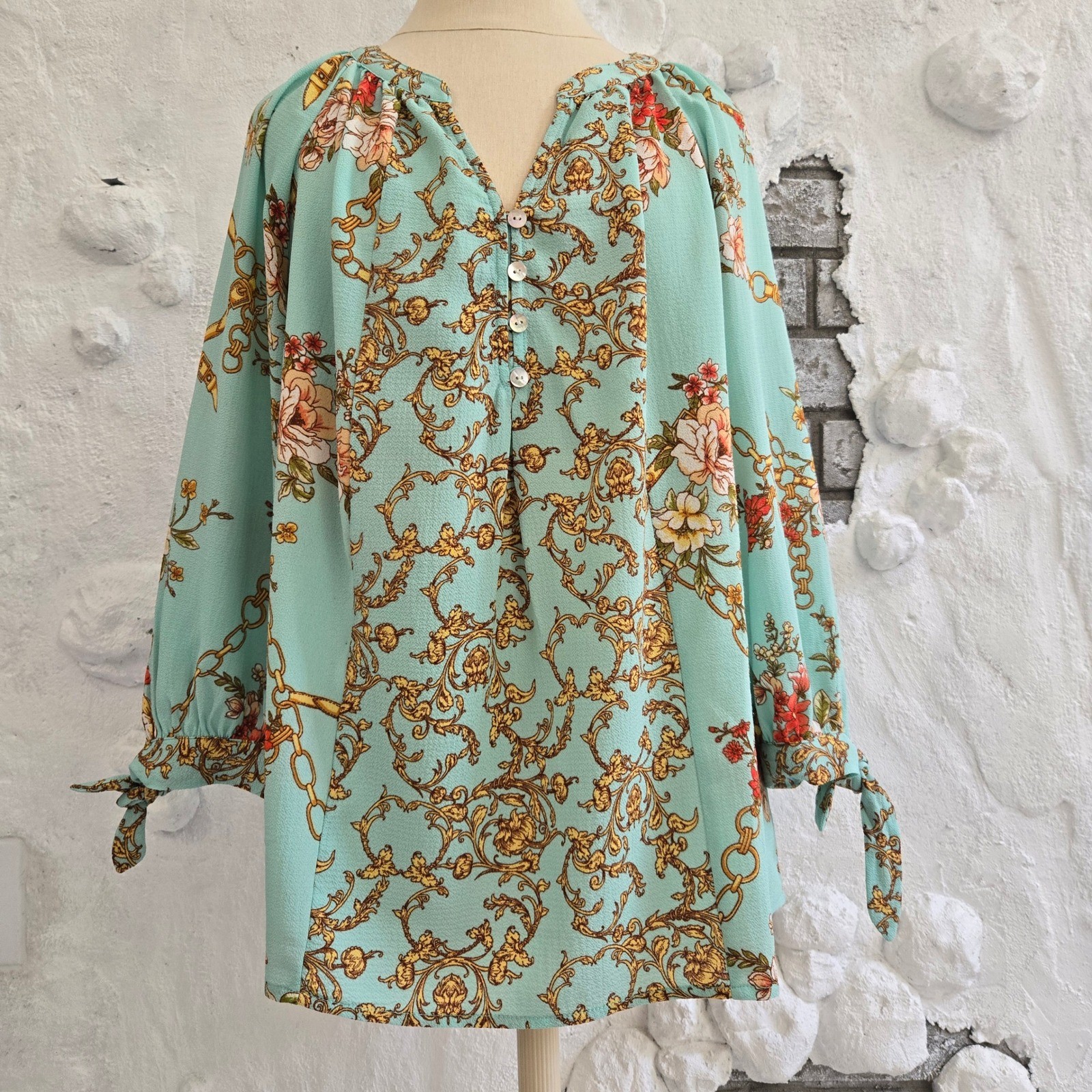 Fig and Flower Peasant Romantic Boho Floral Chain Baroque Tie Cuff Blouse Size M