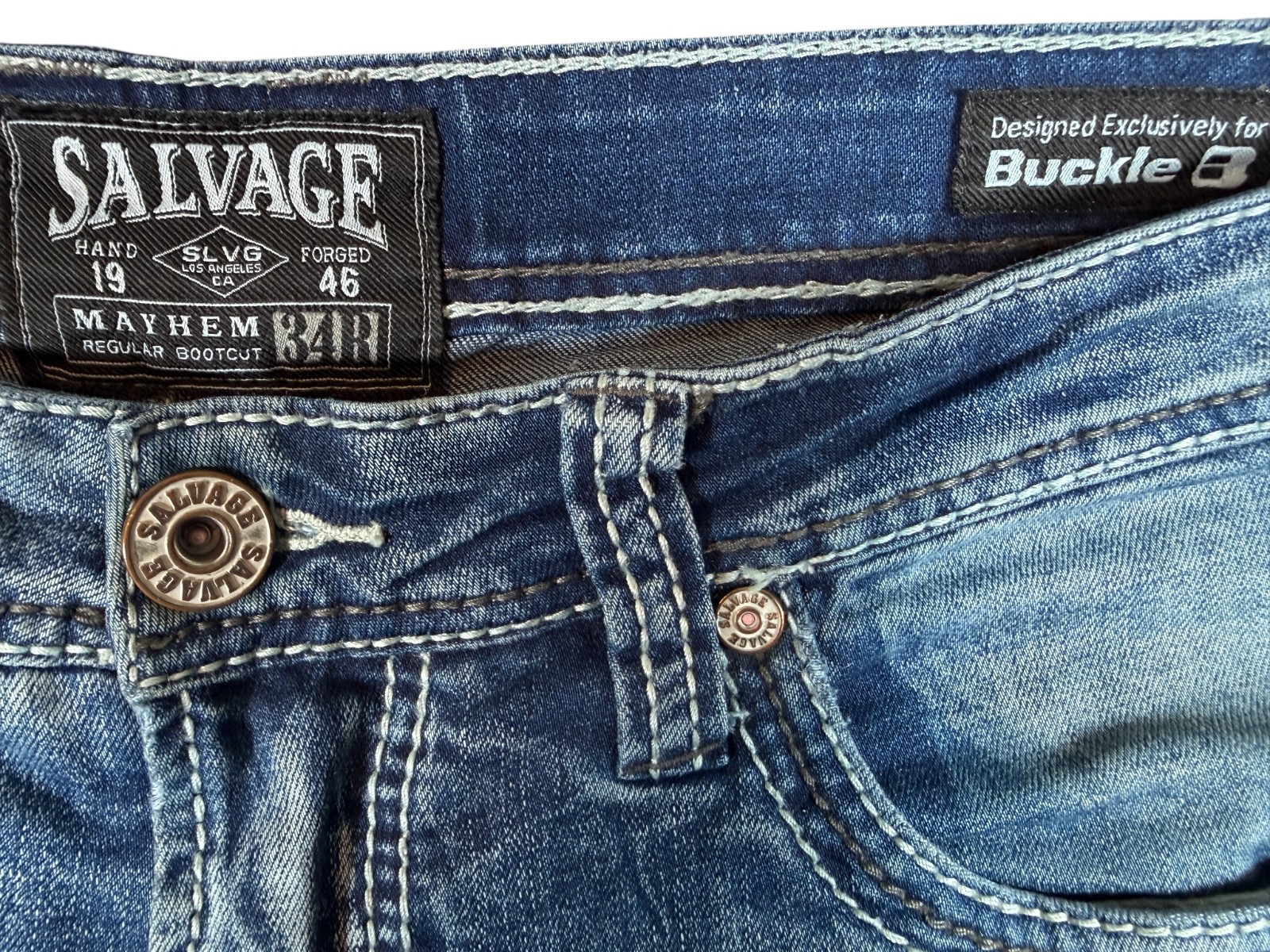 BKE Buckle Salvage Mayhem Bootcut Jeans Mens 34 (36×32) Blue Denim Regular Fit