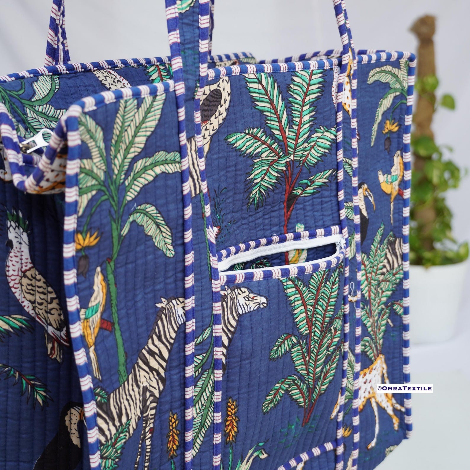 Handmade Cotton Tote Bag Navy Blue Jungle Animal Print Boho Shoulder Shopper