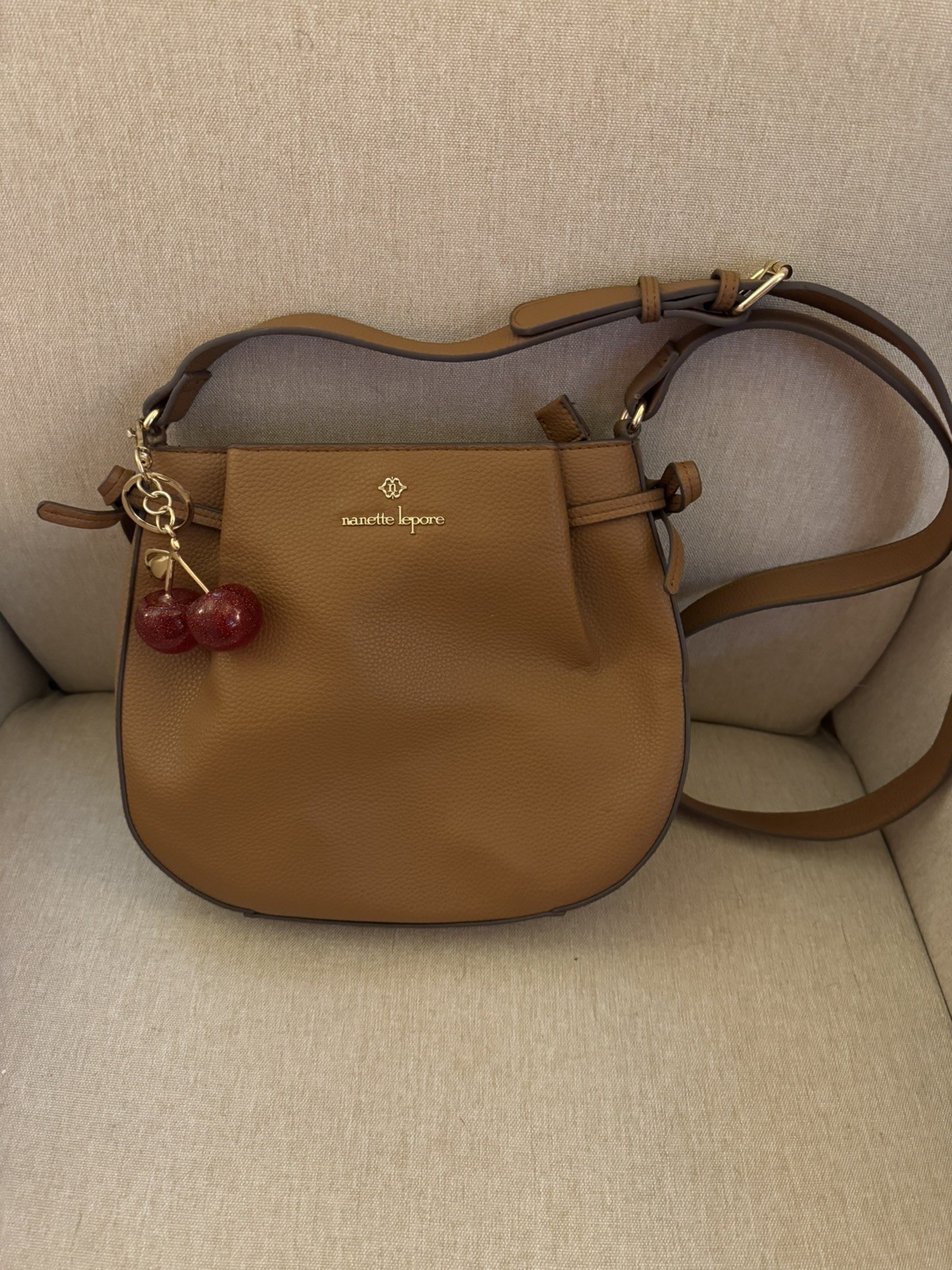Nanette Lepore Crossbody Bag Brown, Zip Closure, Purse Charm, Gold Hardware