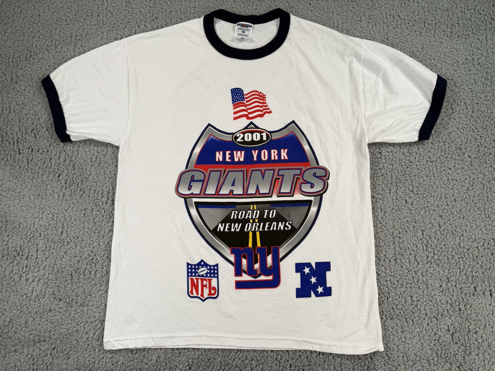 Vintage New York Giants T Shirt Mens XL White Y2K 2001 Season Center Logo Flag