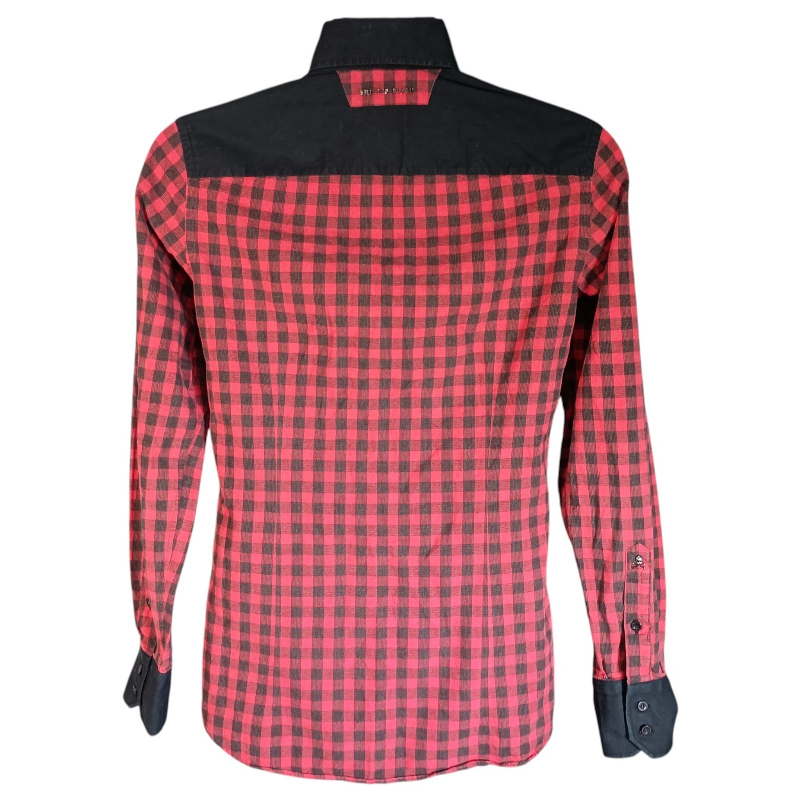 PHILIPP PLEIN Skull Metal Logo Checked Diamond Cut Shirt Red Black Mens Small