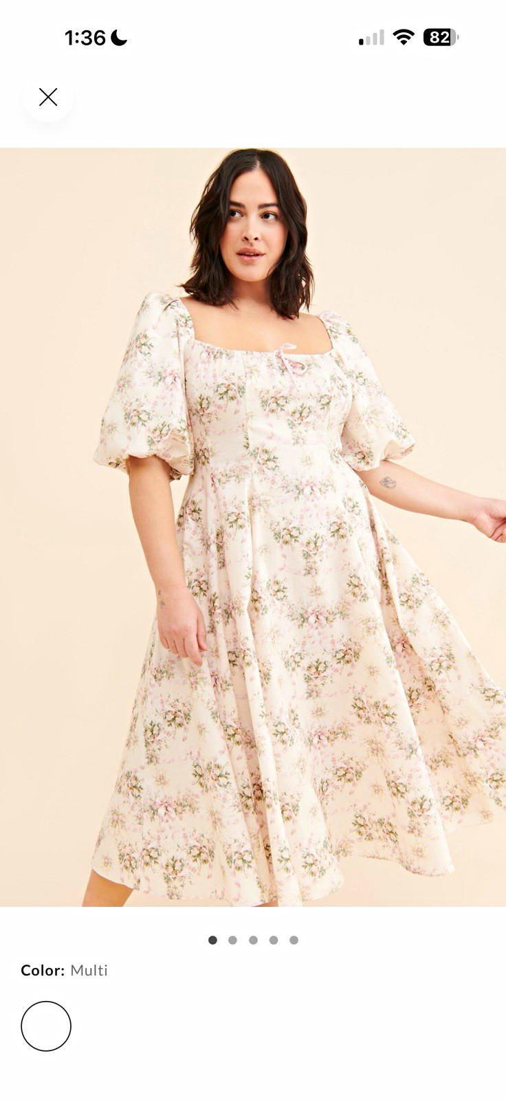 Selkie Women’s Floral Midi A-Line Dress Square Neck Puff Sleeve Bow Size M
