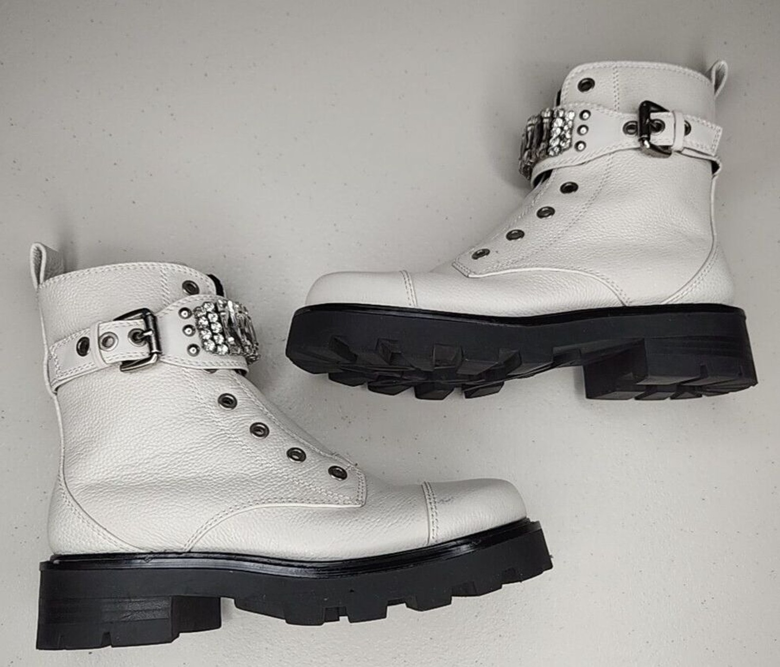 Karl Lagerfeld “MAIKA” White Leather Cap Toe Rhinestone Zip Up Biker Boots, 6.5M