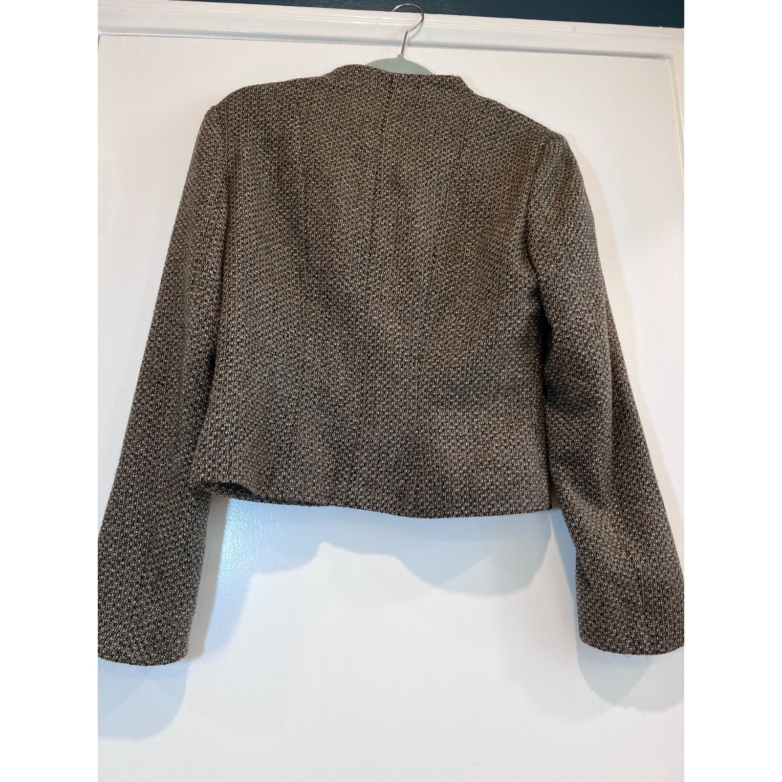 PENTA 100% Wool Tweed Jacket Women’s 6 Genuine Leather Trim Open Front Blazer