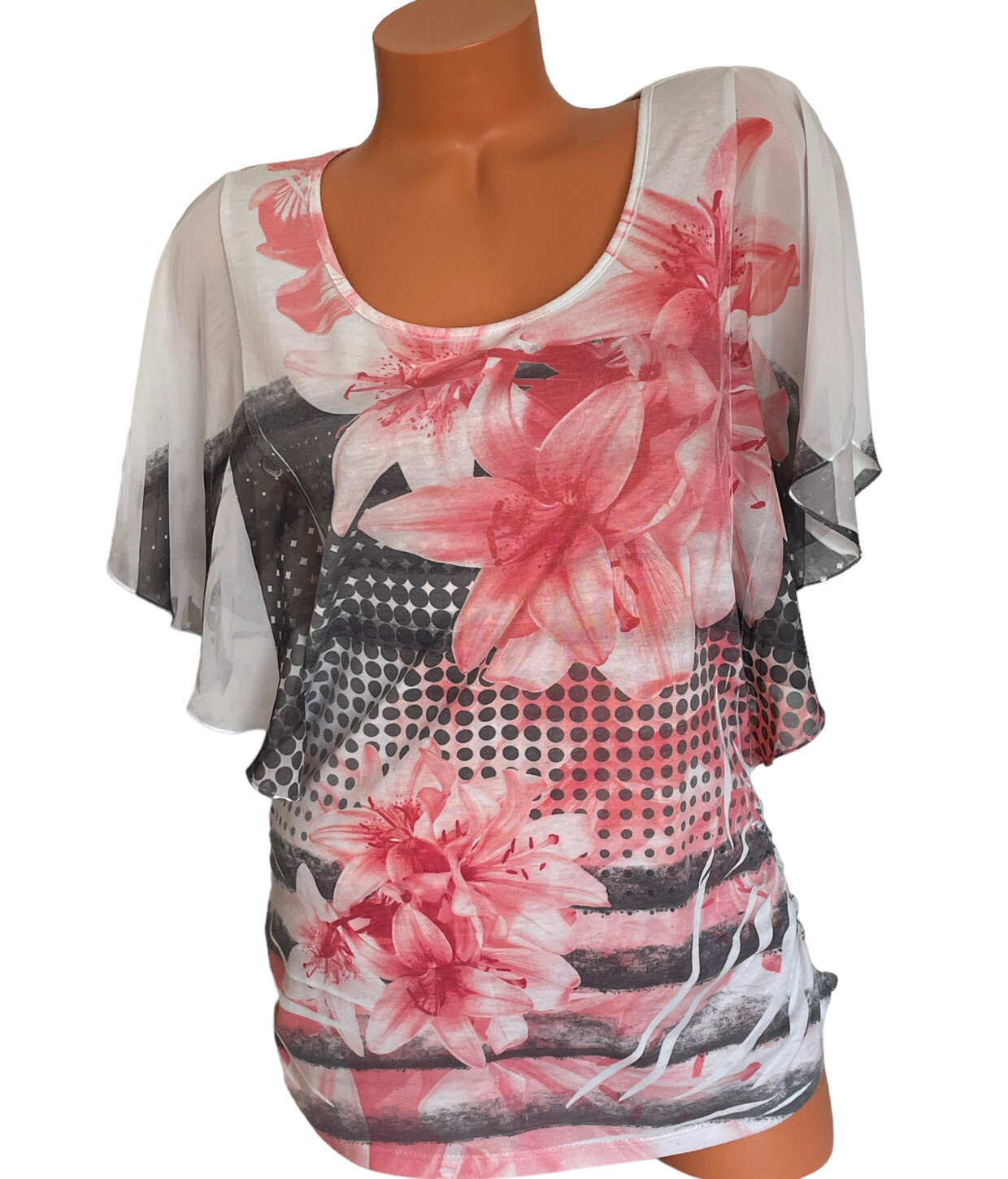 Espresso Sz L Flutter Sleeves Summer Floral Print Pink Gray White Top