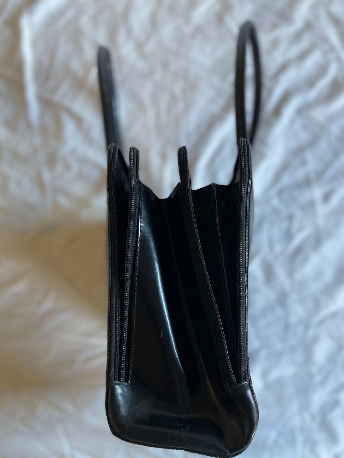 Vintage Black Furla Patent Leather Bag Straps Inside Pockets 11″H x 17″W x 4″D