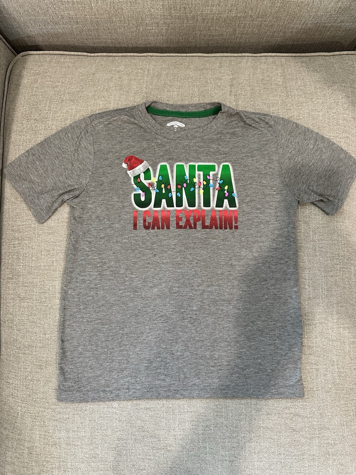 Holiday Time Kids Gray Santa Claus Christmas Graphic Crewneck T-Shirt Sz 8