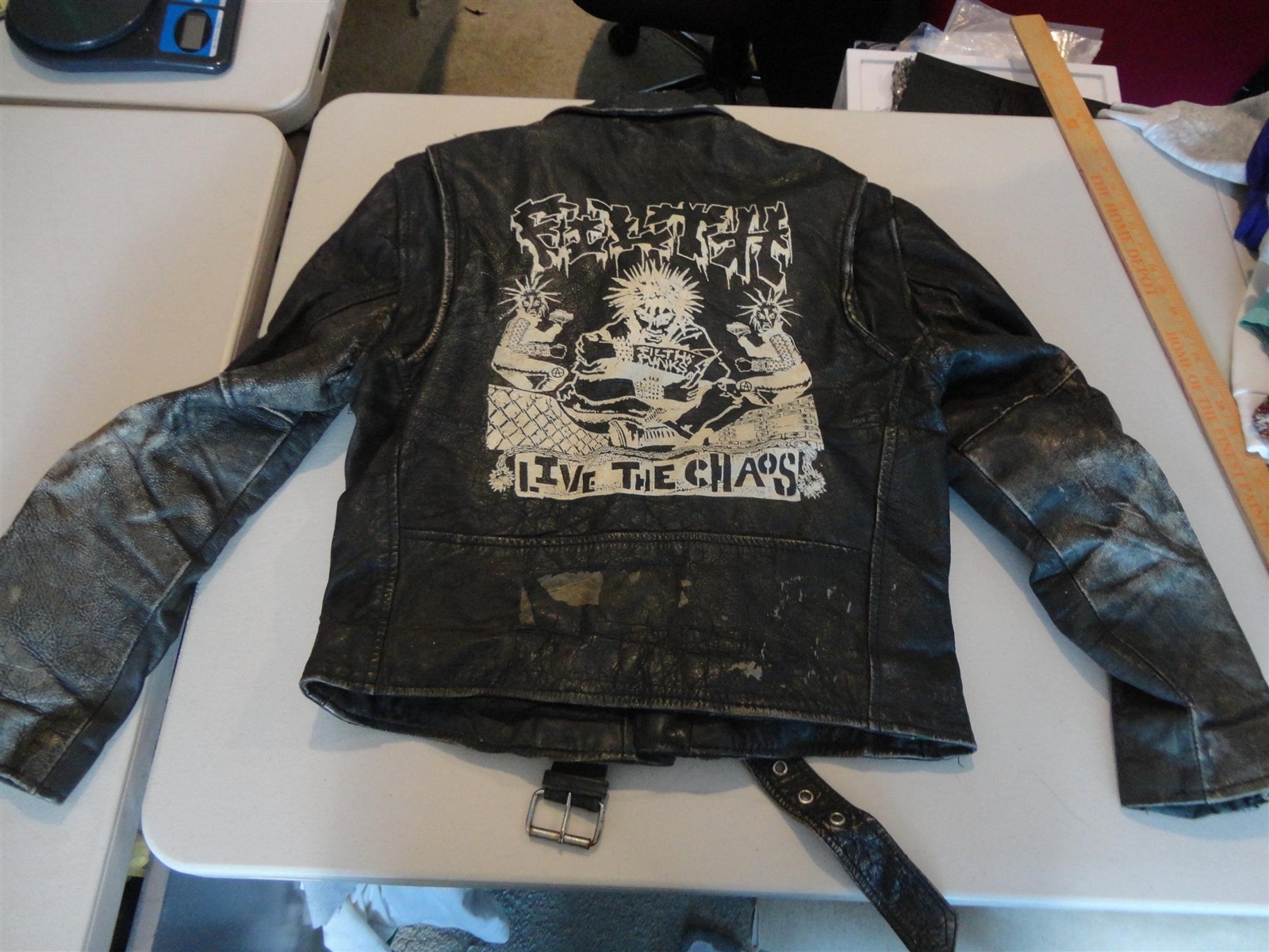 Vtg FILTH Live The Chaos Punks Umr Motorcycle Biker Punk Rock Leather Jacket M