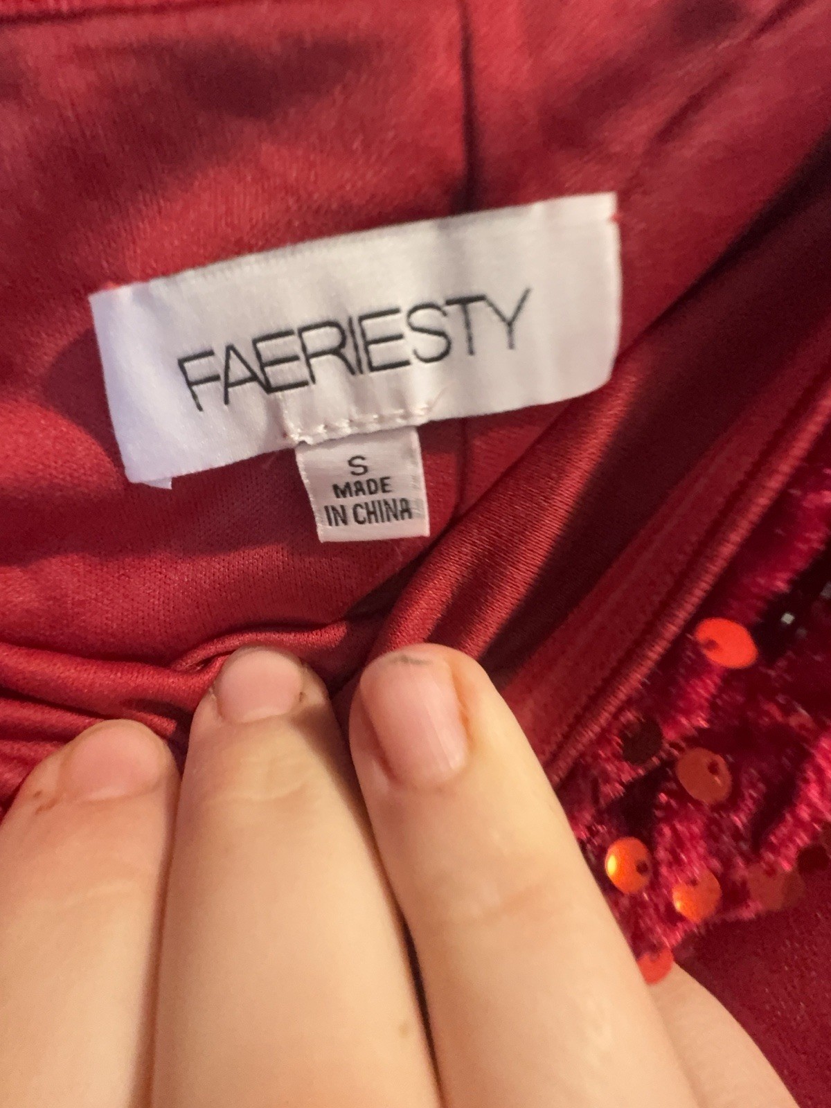 Faeriesty Red Sequin Prom Dress Off Shoulder Dramatic Puff Ruffle Sleeve Small
