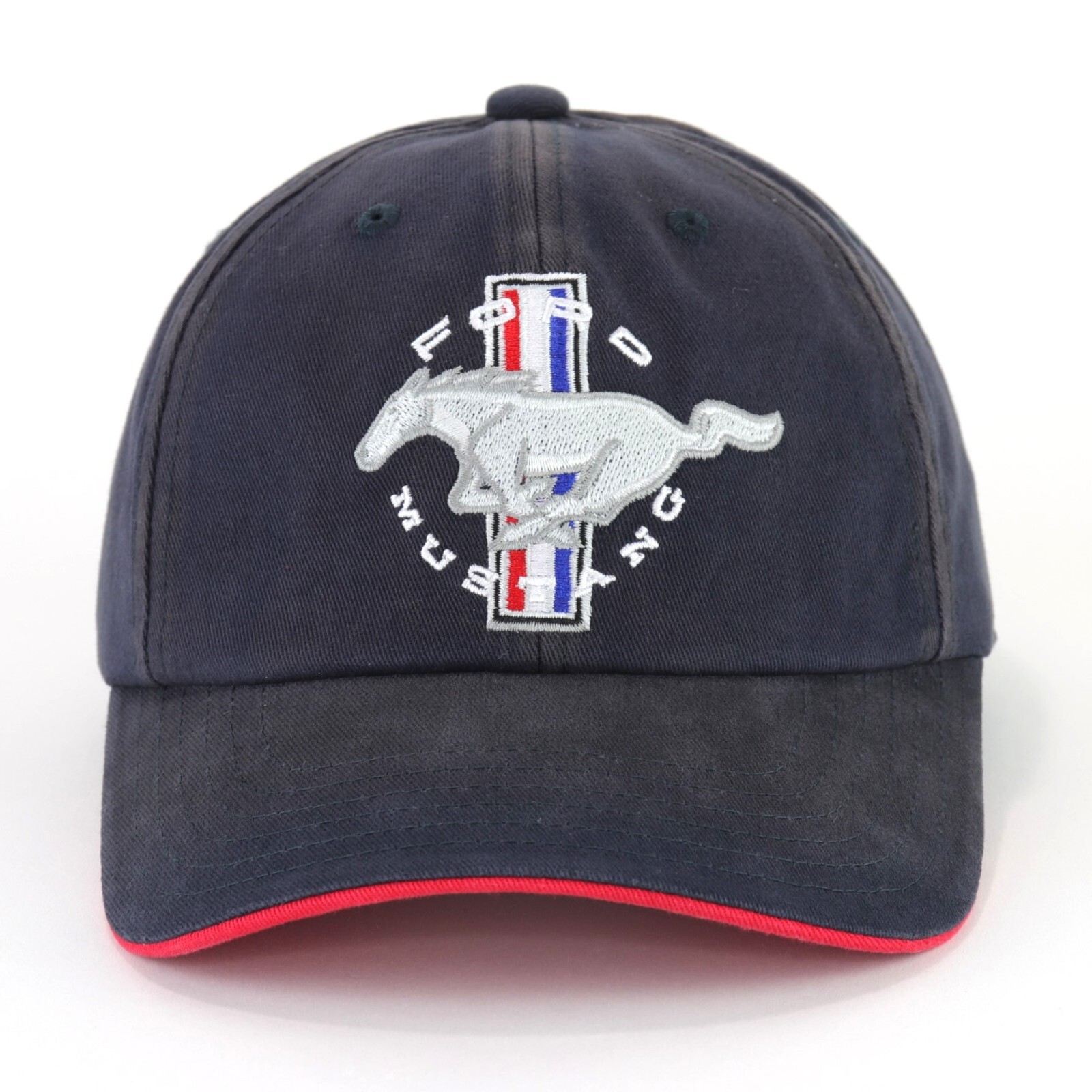 Ford Mustang Tri-Bar Pony Blue Chemical Washed Embroidered Baseball Hat Ball Cap