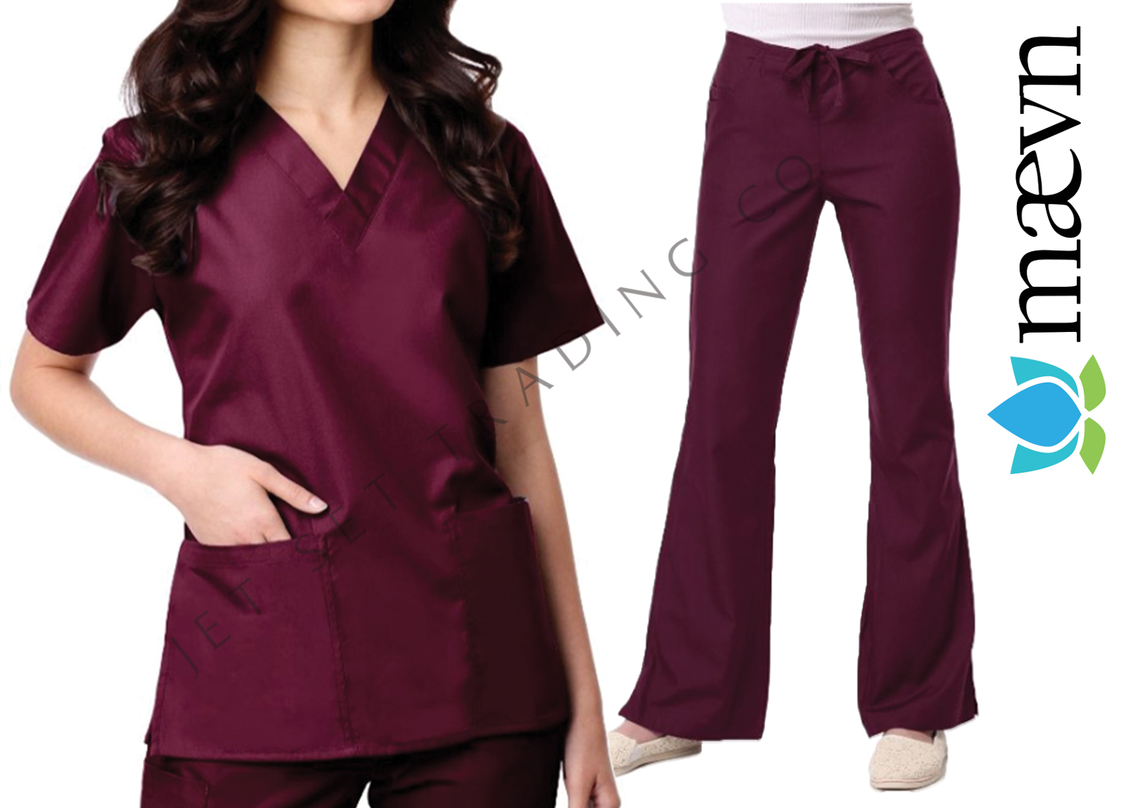Maevn Women’s Wine Scrub Set 2 Pocket V-Neck Top Flare Leg Pants Size 2XS to 2XL