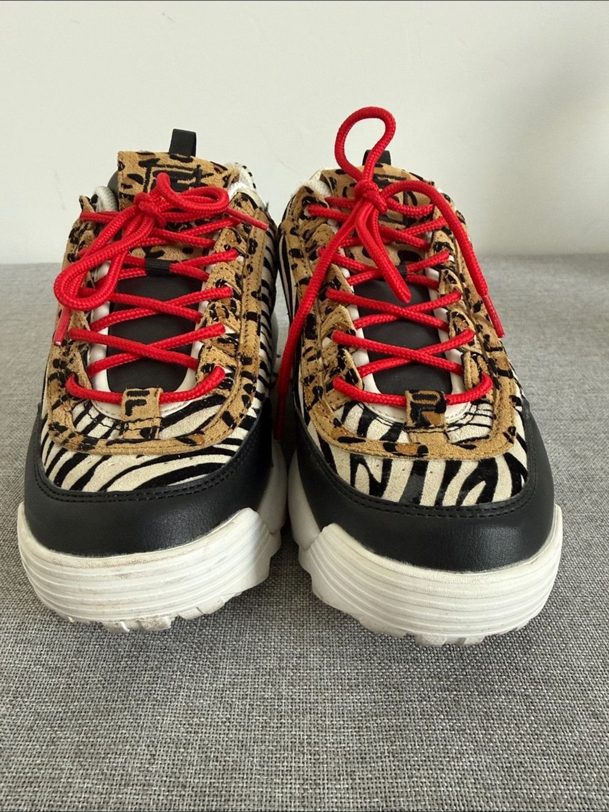 Fila disruptor ll Zebra & Leopard Mixed-Print Sneakers with Red Laces