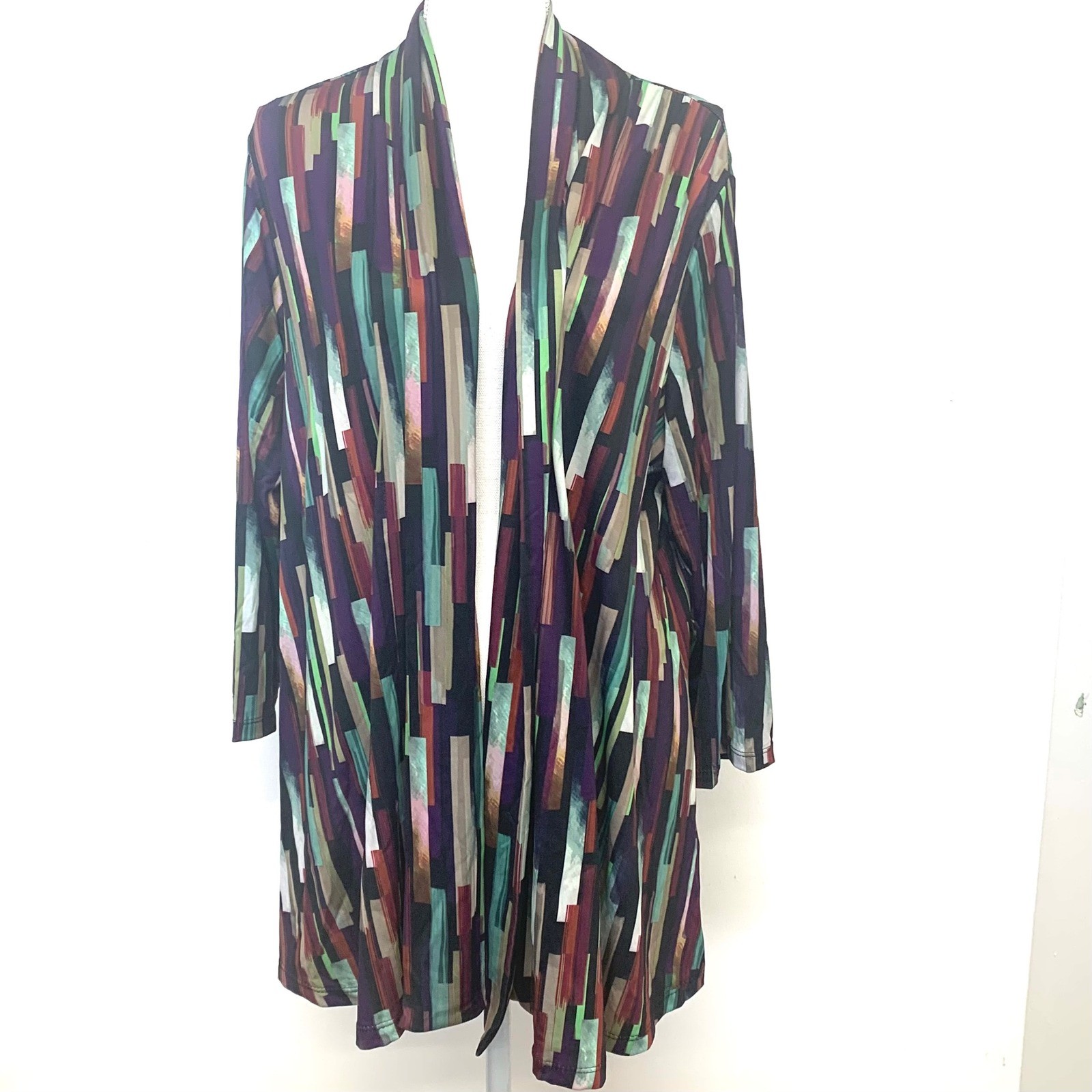 Slinky Brand Abstract Geometric Open Front Cardigan Stretch Woman 1X Made USA