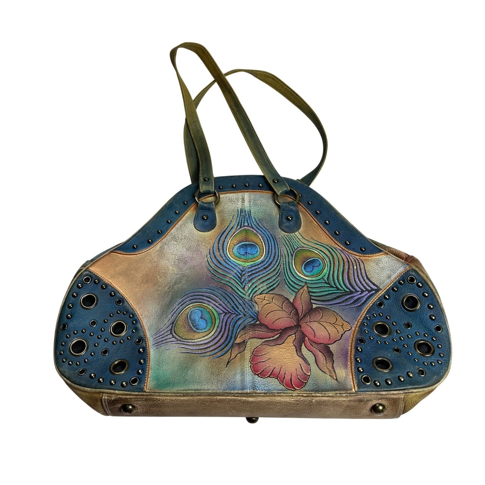 Anuschka Hand Painted Leather Peacock Riveted Floral Shoulder Hand Bag KC