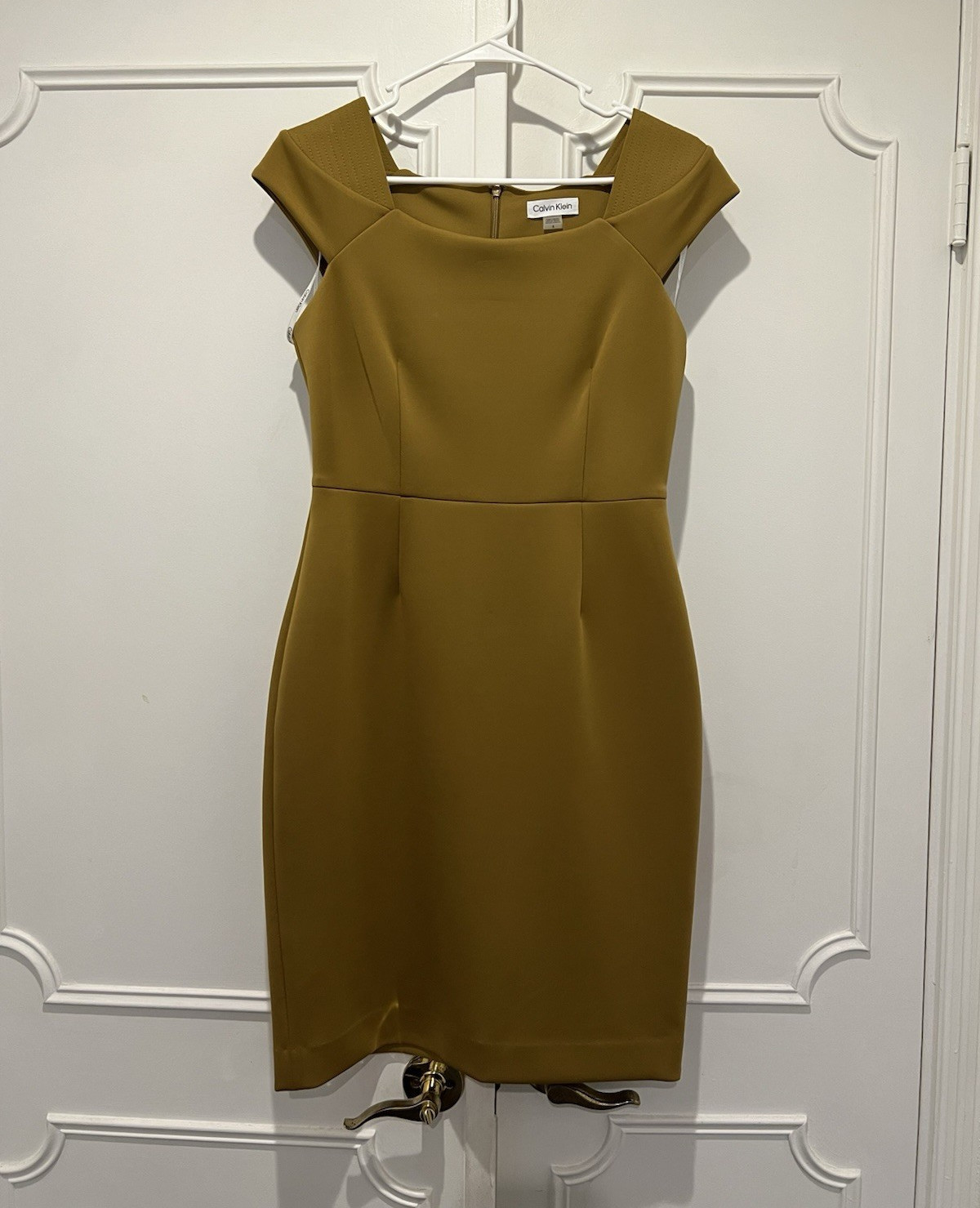 Calvin Klein Olive Solid Square Neck Sleeveless Sheath Knee Dress Zip Size 4