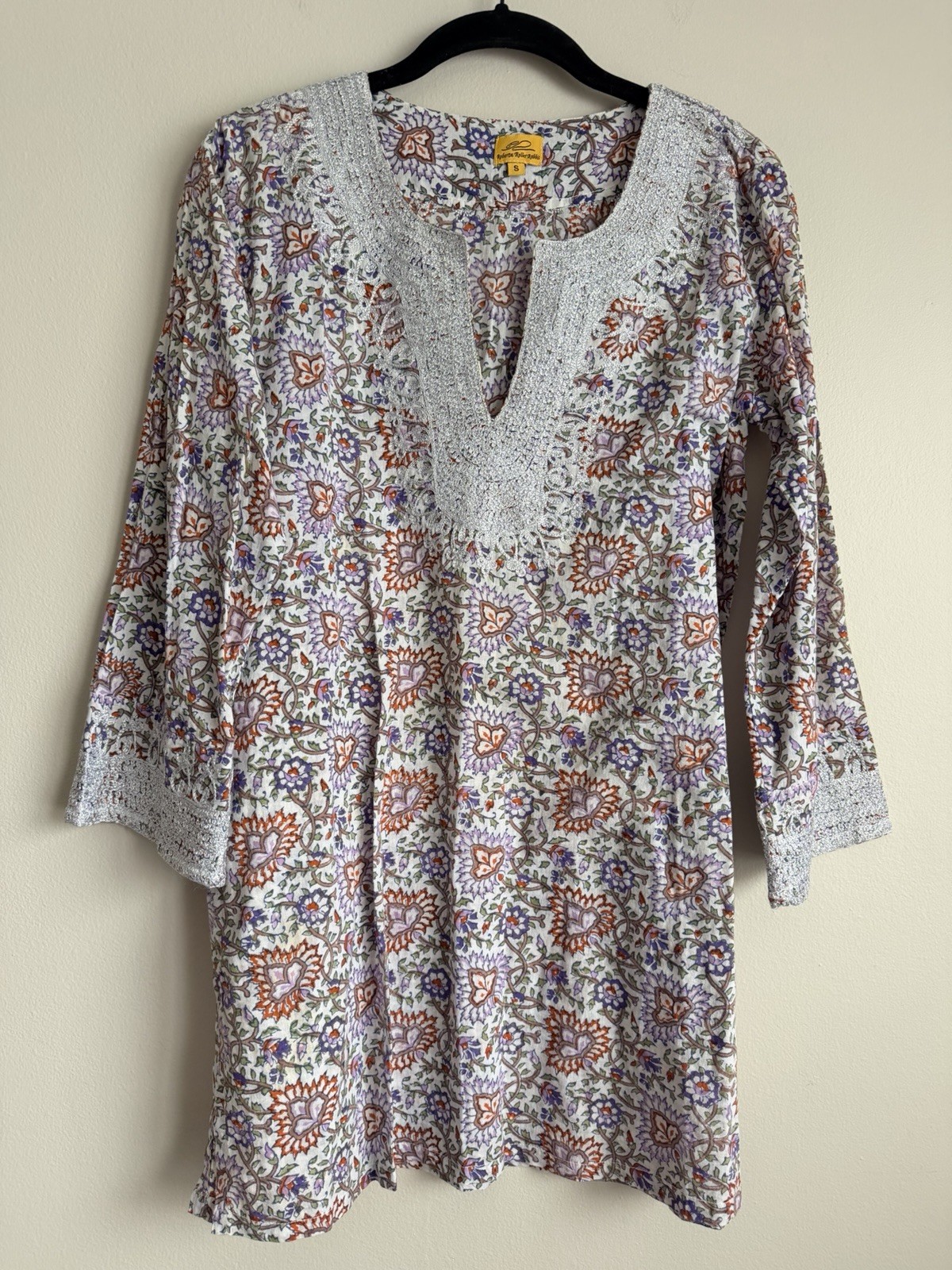 Roberta Roller Rabbit 100% Cotton Floral Print Embroidered Tunic Blouse Small S