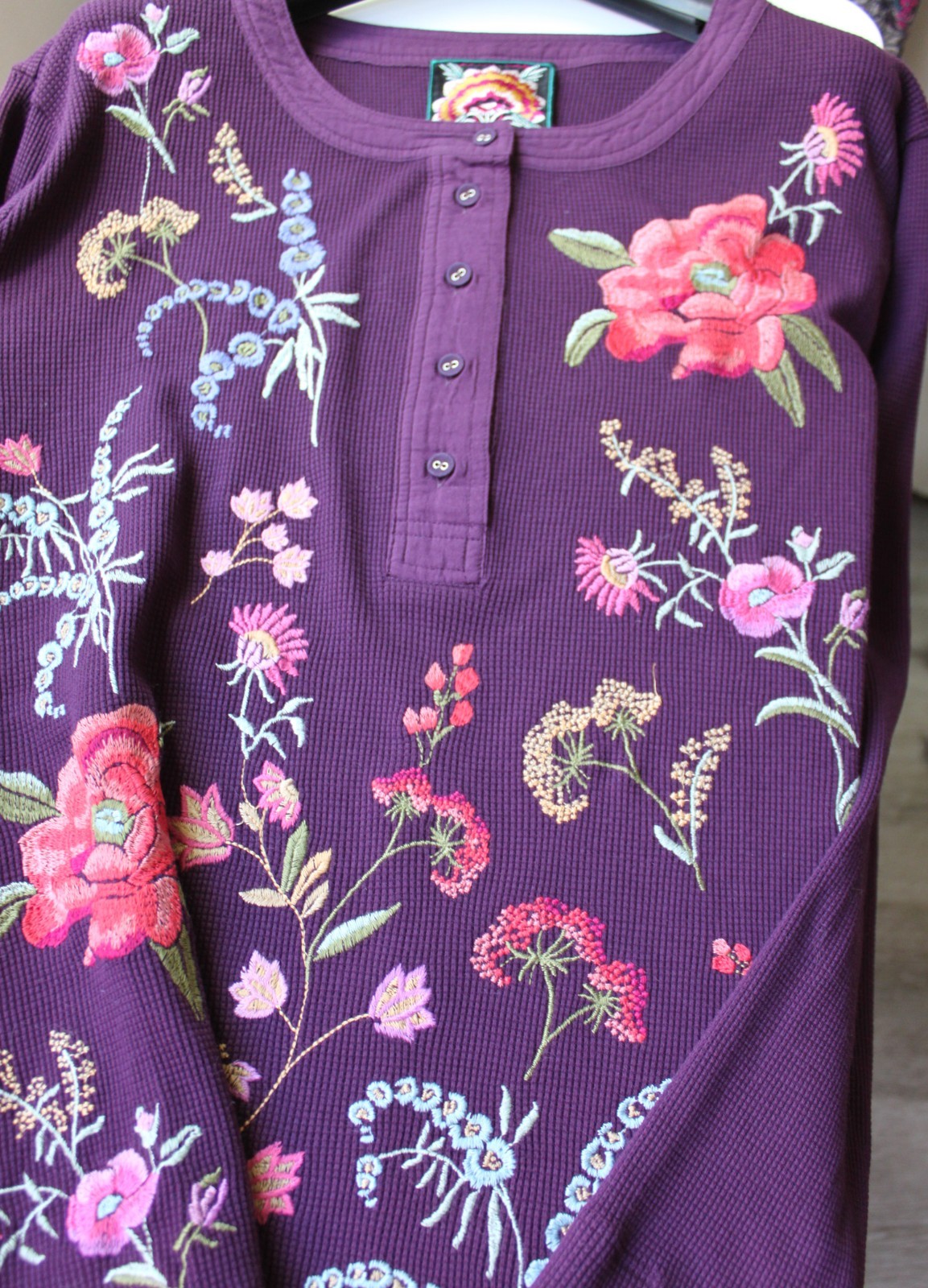 NEW JOHNNY WAS Henley Embroidered Top, Purple, Size XL