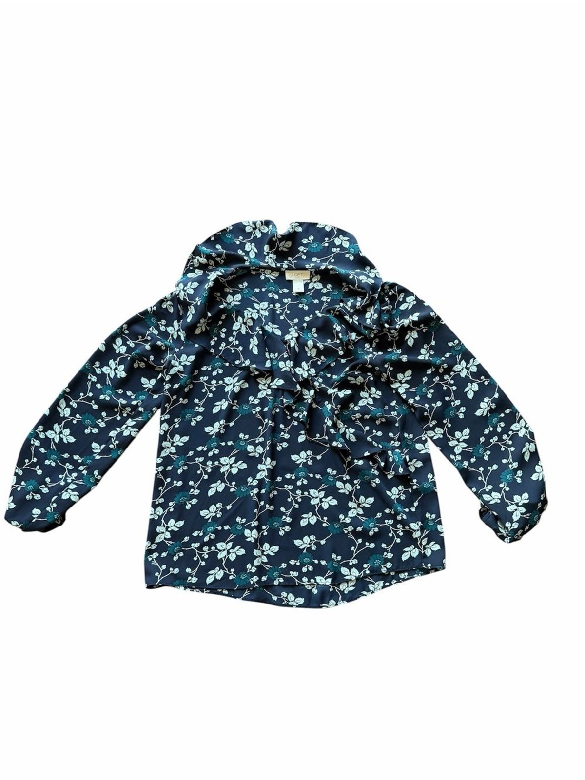 LOFT Navy Floral Top with Teal and Light Mint Blooms