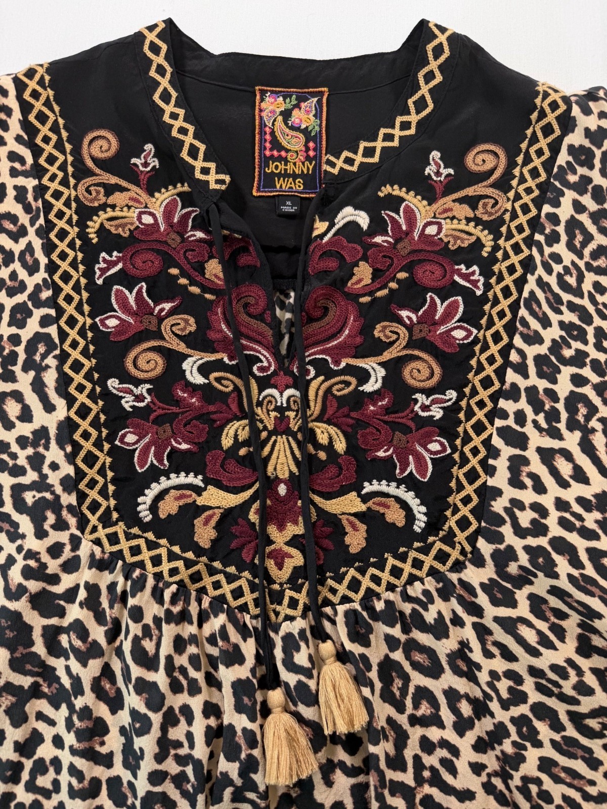 Johnny Was Diedre Tassel Yoke Blouse Embroidered Leopard Print Size X-Large