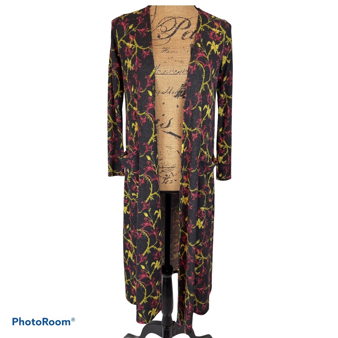 LuLaRoe Sarah Duster Cardigan XS NWT | Longline Boho Floral Black Red Open Front