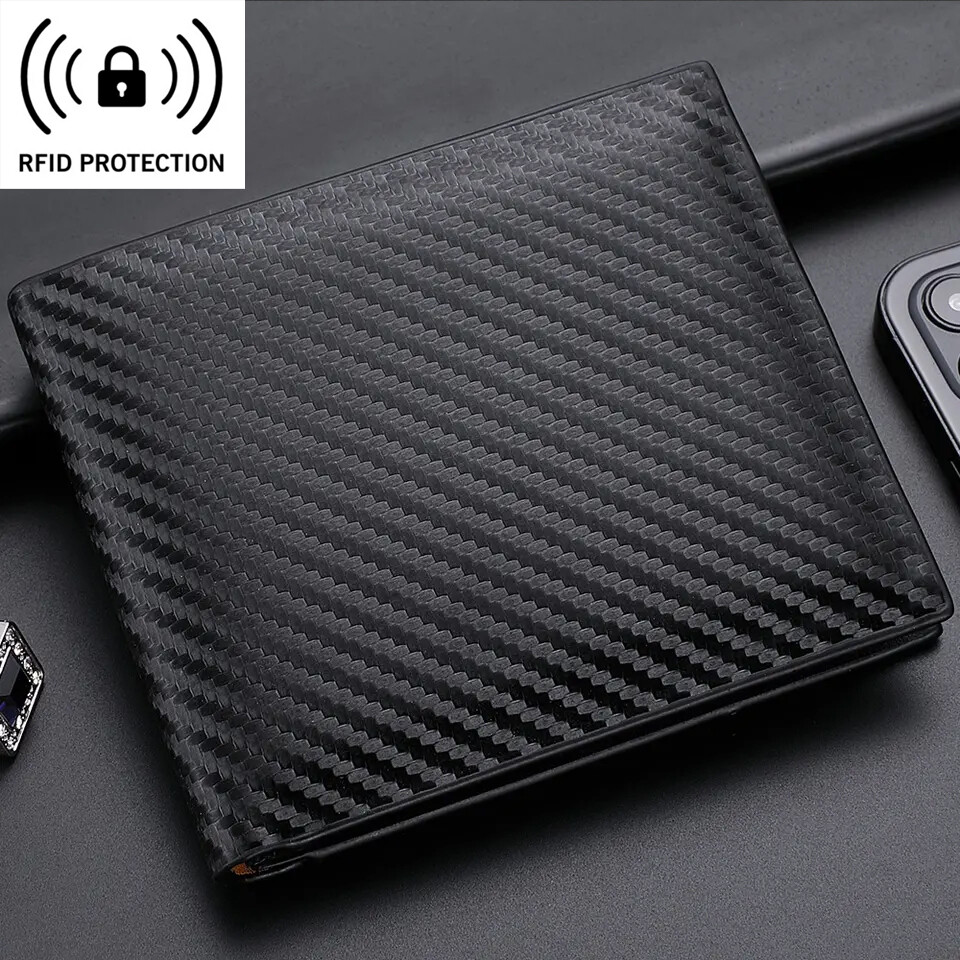 Men’s Slim Wallet RFID Blocking Carbon Fiber Leather Bifold Card ID Holder