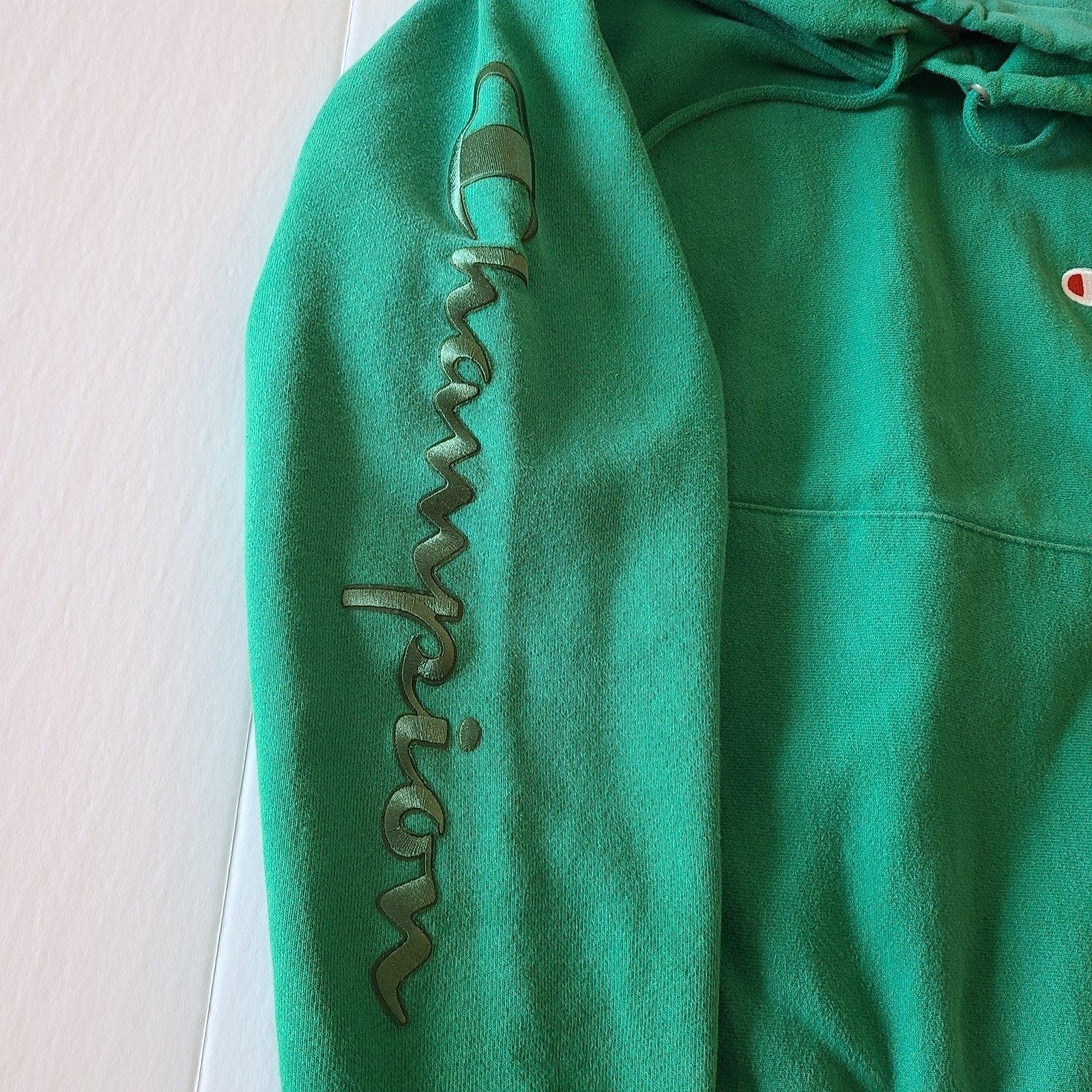Champion Reverse Weave Hoodie Sweatshirt Green Script Logo Menswear